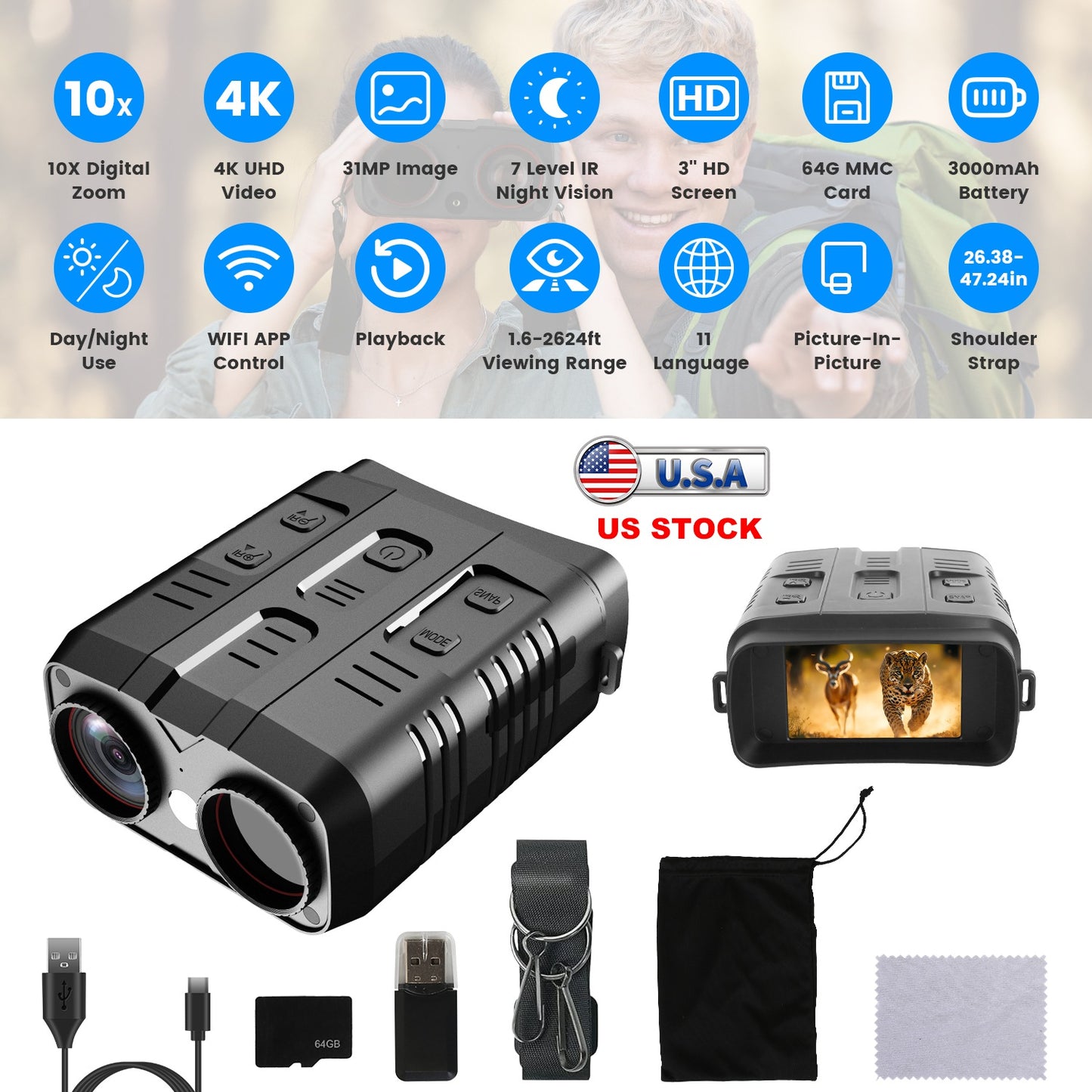 Night Vision Goggles 4K Full-Color Binoculars 10X Zoom with 2624ft Viewing Range 3\'\' Screen 64G MMC Card WIFI APP Control Save Photo and Video for C
