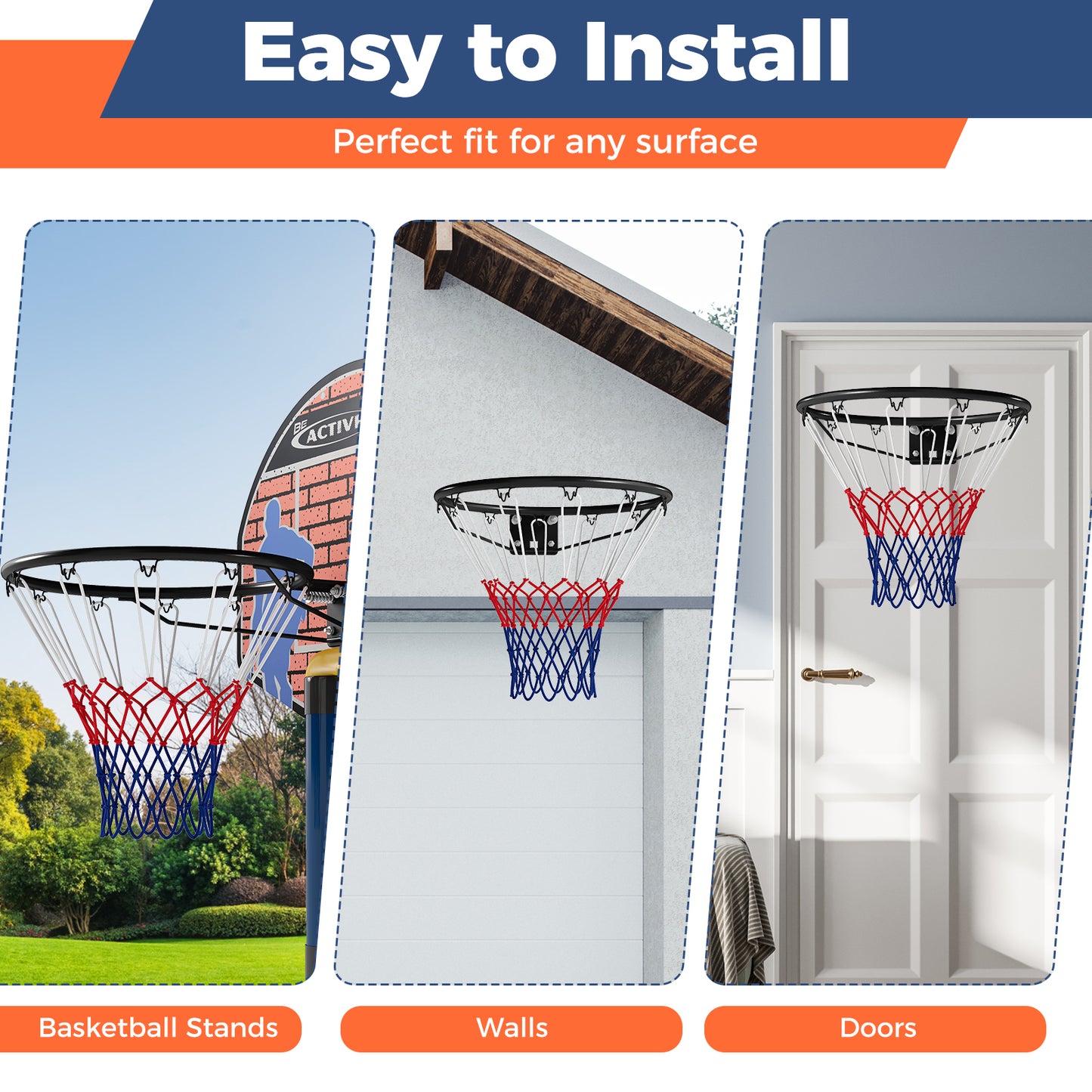 18" Basketball Rim Heavy Duty Wall Mounted Basketball Rim Goal Replacement-Black