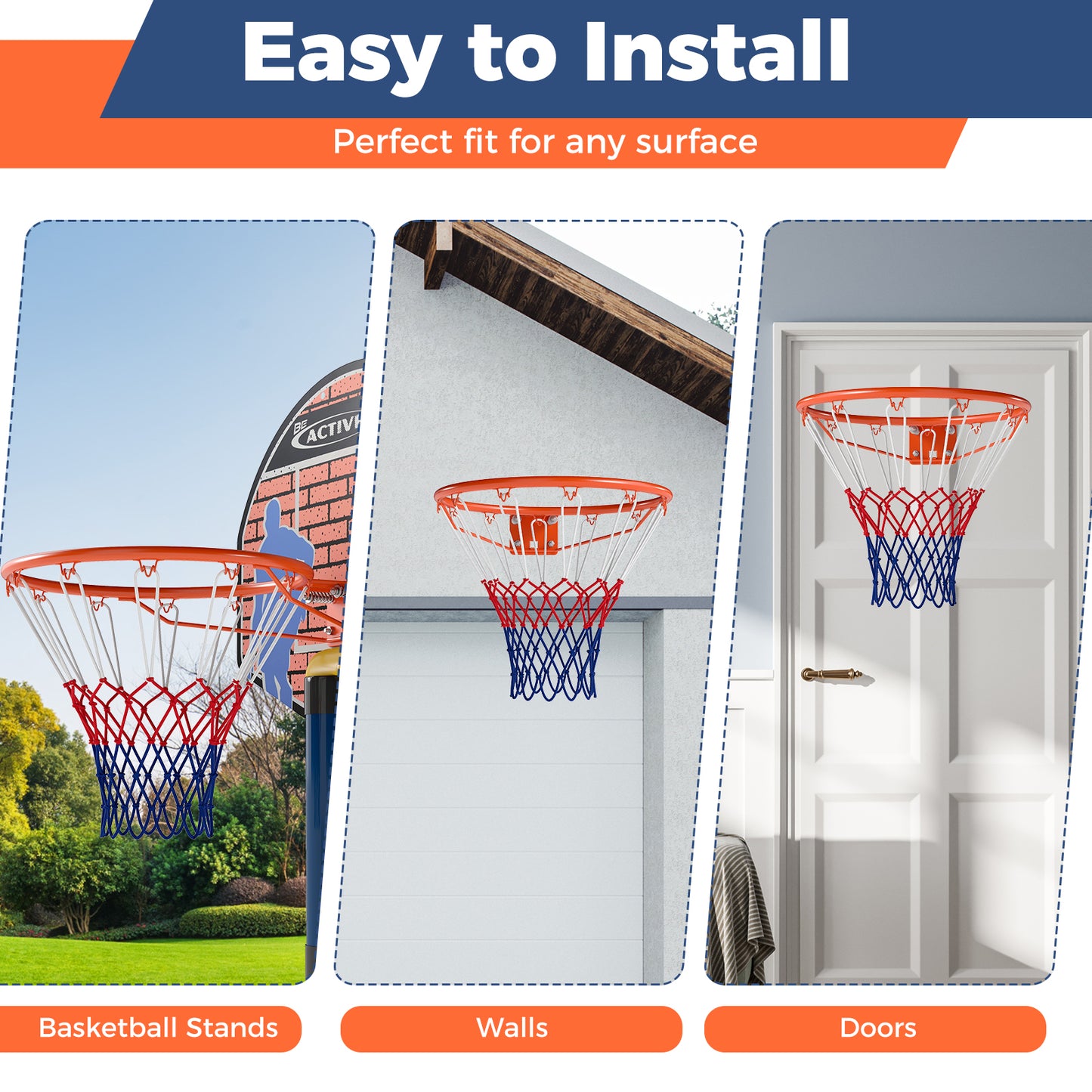 18" Basketball Rim Heavy Duty Wall Mounted Basketball Rim Goal Replacement-Orange