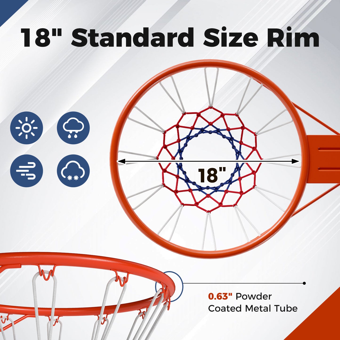 18" Basketball Rim Heavy Duty Wall Mounted Basketball Rim Goal Replacement-Orange