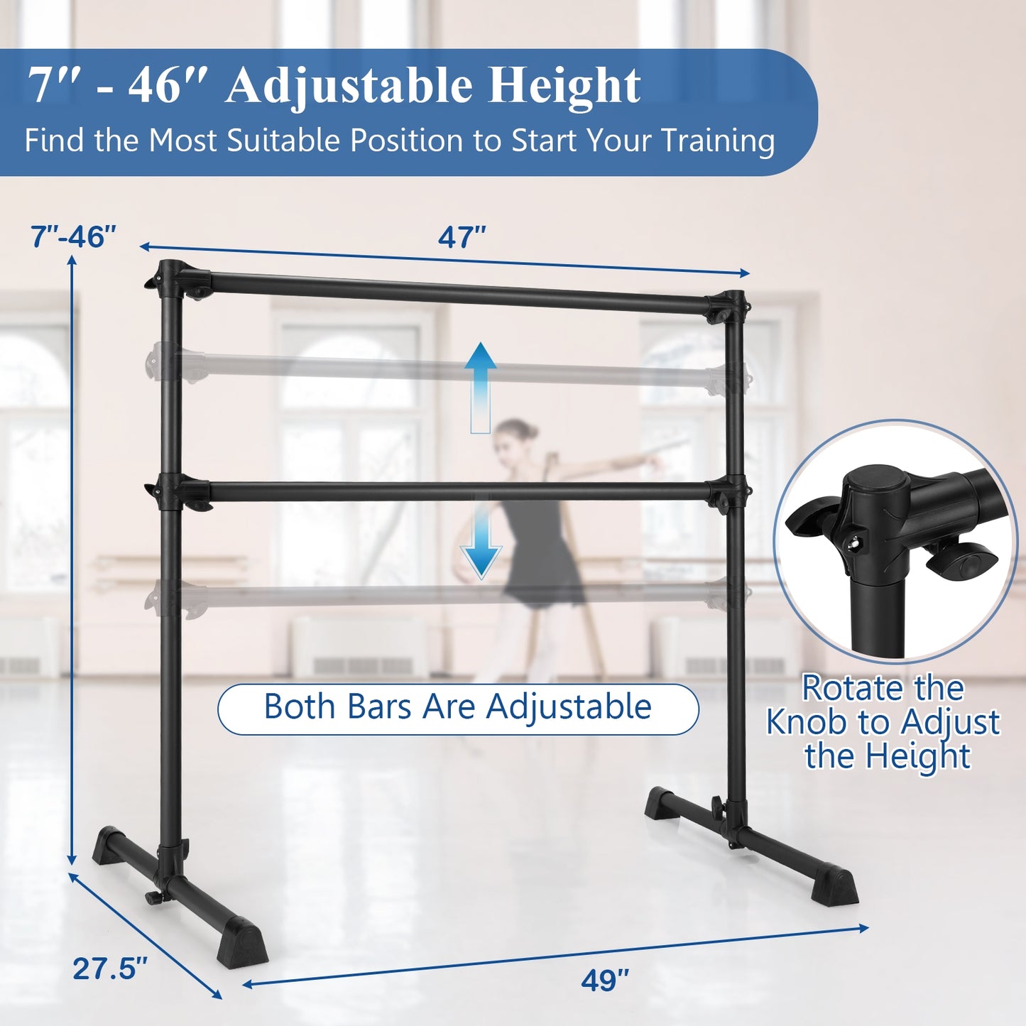4 Feet Double Ballet Barre Bar with Adjustable Height-Black
