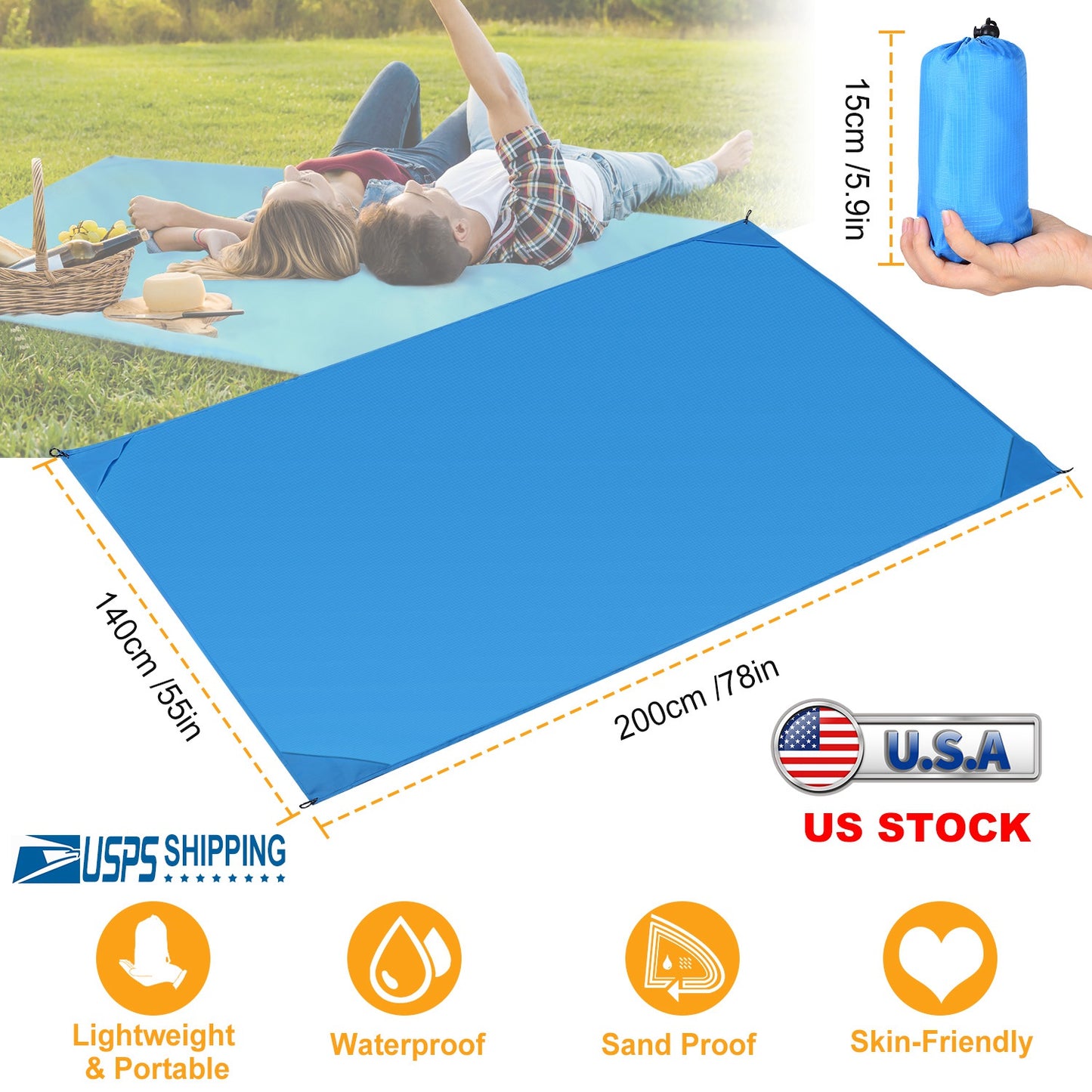 Portable Beach Blanket 4.6’ x 6.6’ Waterproof Foldable Camping Rug Pocket Sandproof Picnic Mat for Camping Picnic Hiking Grass Travel