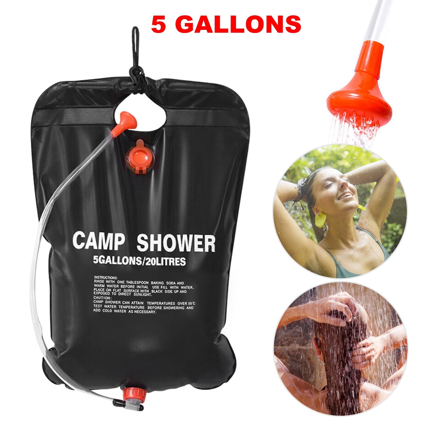Portable Solar Heated Shower Bag Camping Shower Bath Water Bag 5 Gallons w/ On-Off Switchable Shower Head