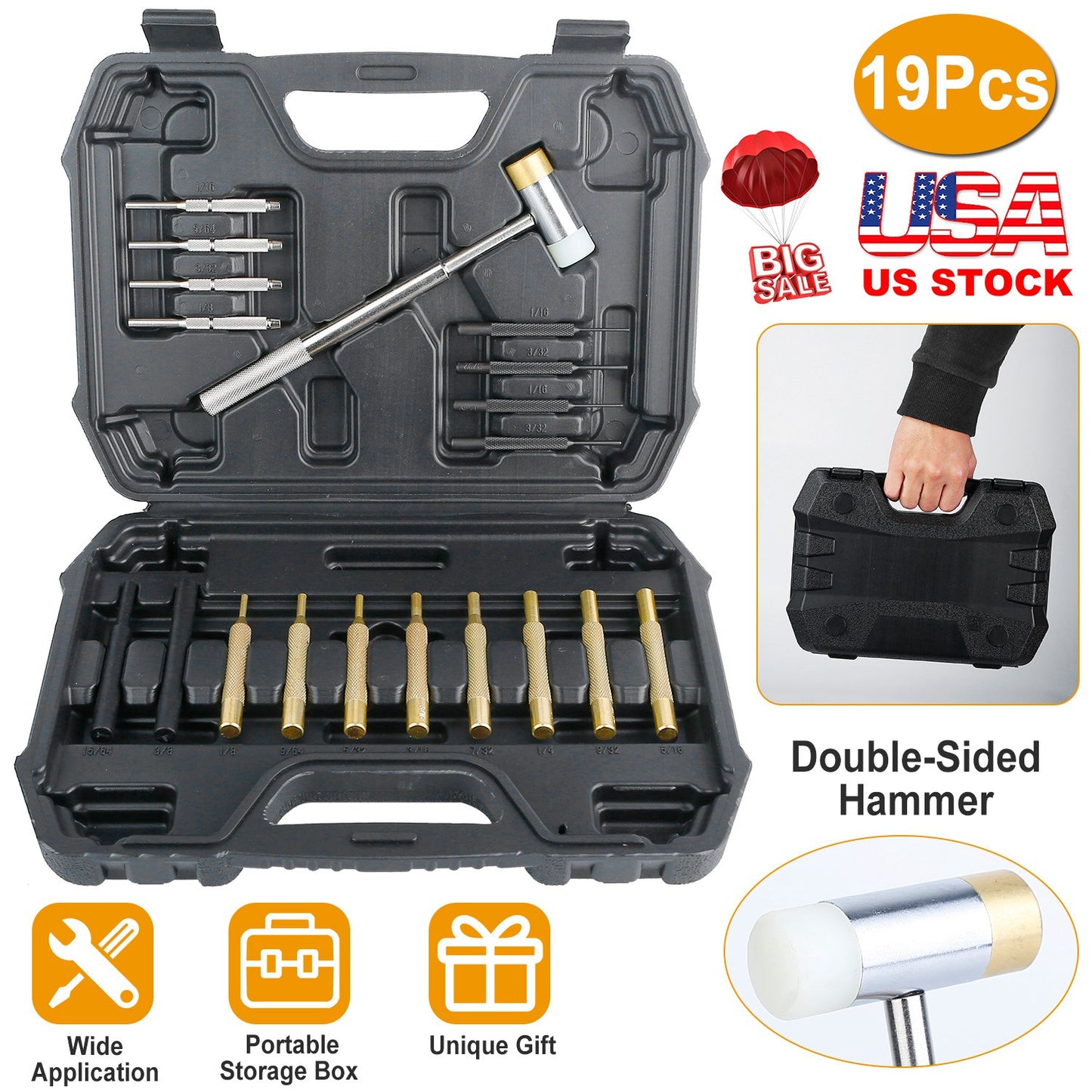 19Pcs Hammer Punch Set Drift Pin Punch Kit w/ Brass Chromium Plastic Punches for Gunsmithing Maintenance Armorers Watch Jewelry Craft w/ Portable Stor