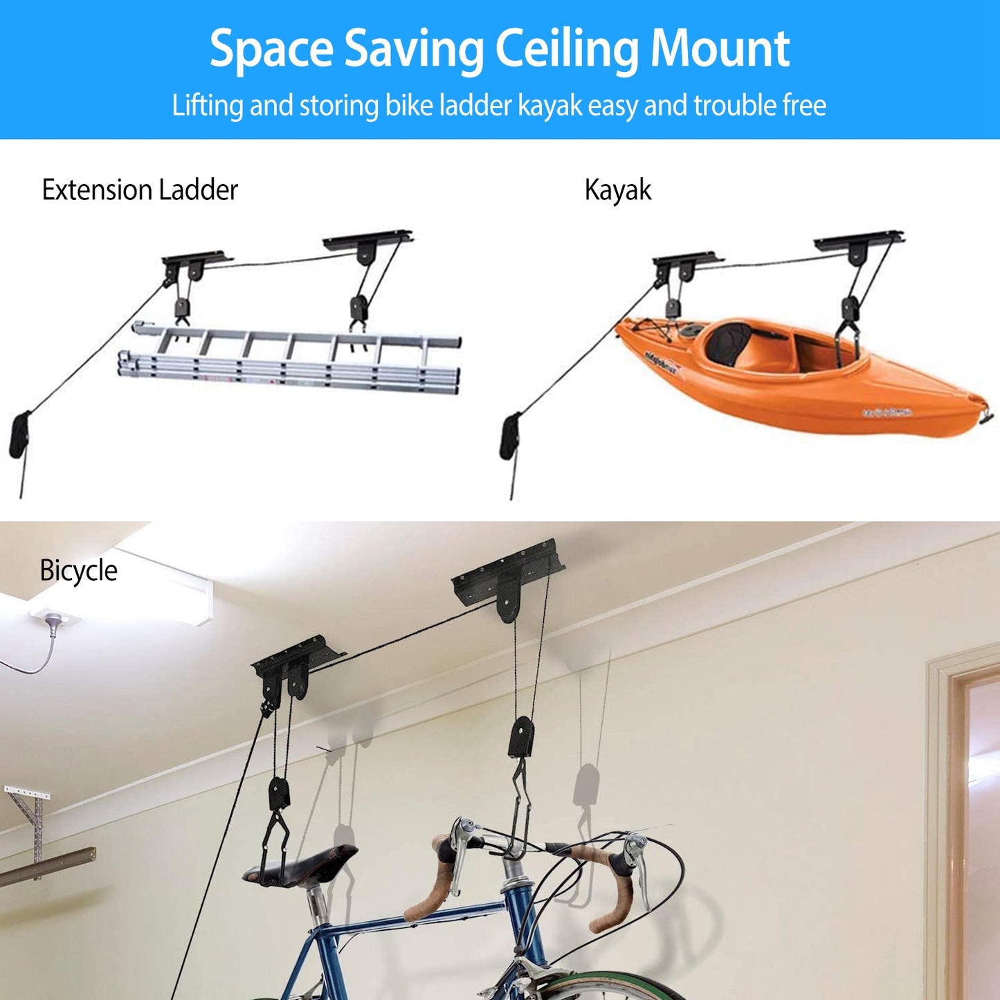 50LBS Load Bicycle Hoist Pulley Rack
