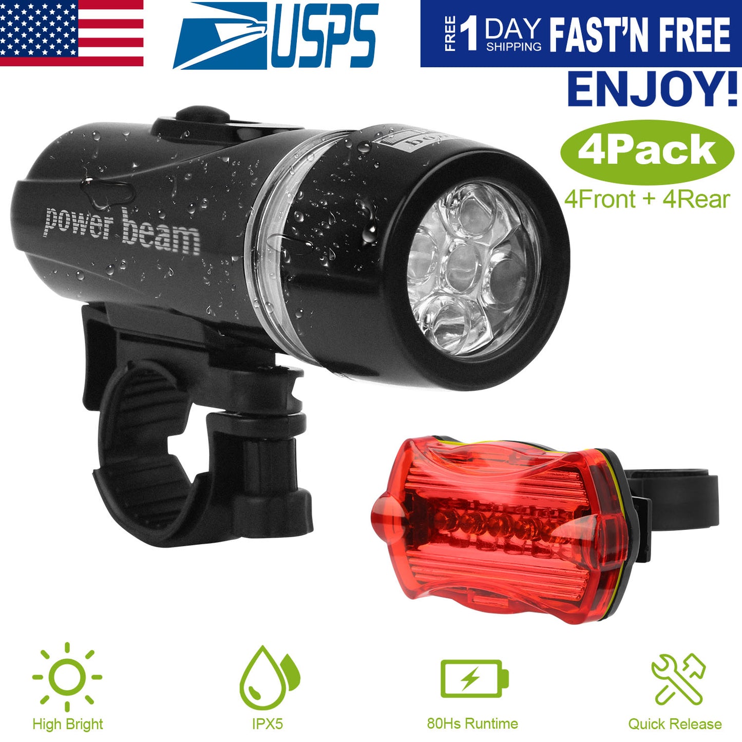 Universal Front Rear Bike Light Set IPX5 Water-Resistant Bike Headlight Taillight Tool-Free Mounting Quick Release