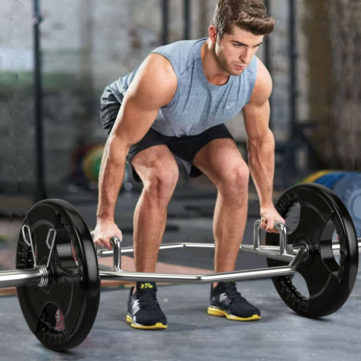 56 Inch Olympic Hexagon Deadlift Trap Bar with Folding Grips Powerlifting-Sliver