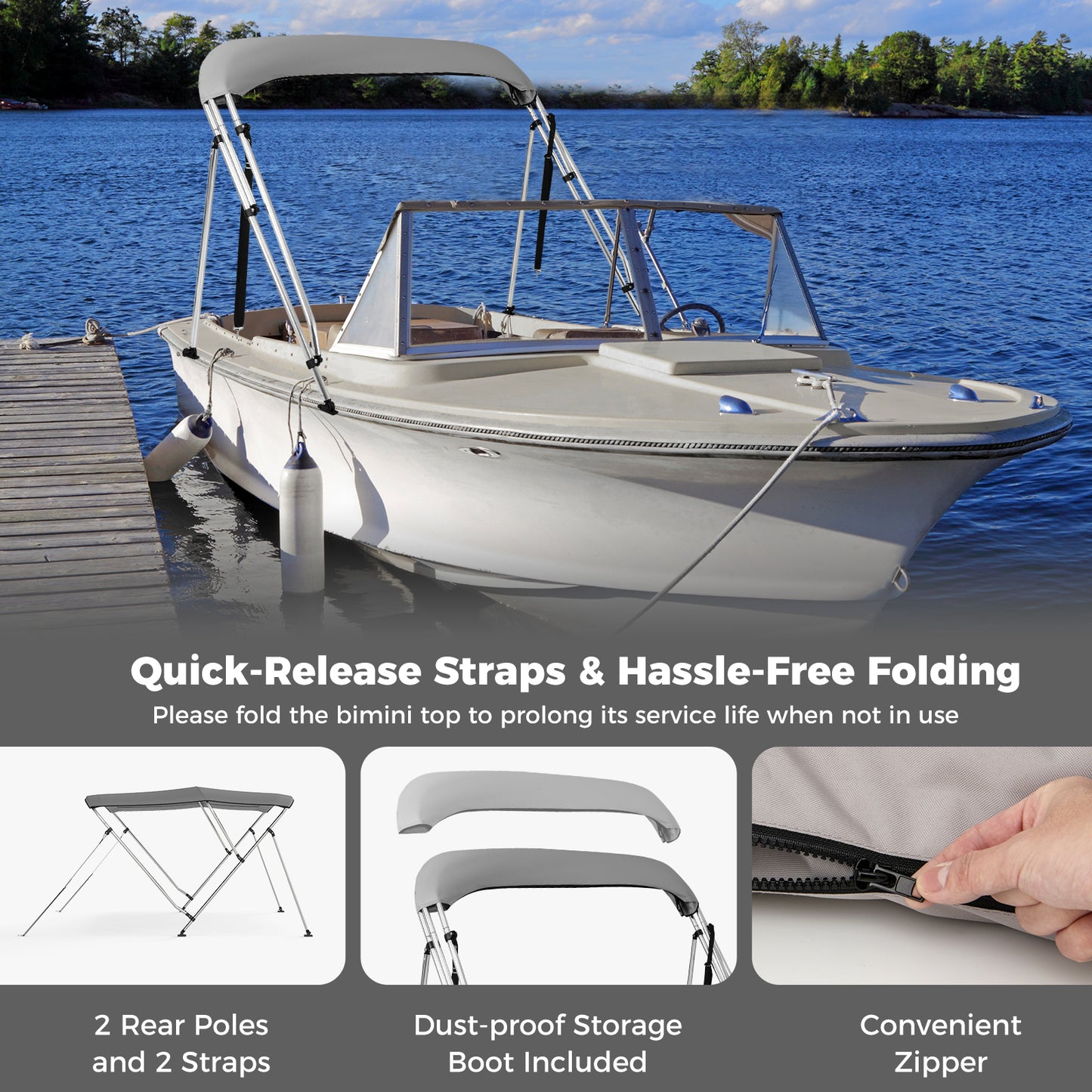 3-Bow/4-Bow Boat Bimini Top Sun Shade Boat Canopy with Storage Boot-3-Bow