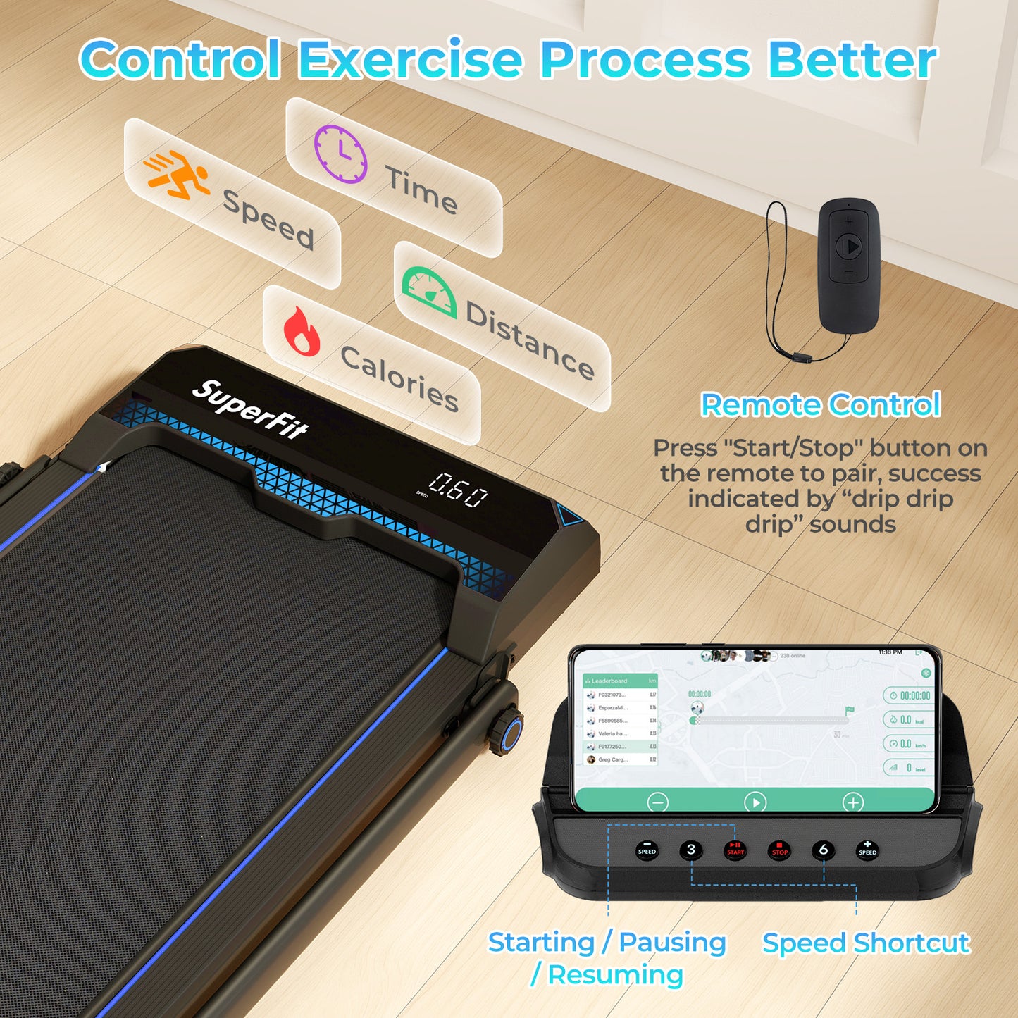 3 in 1 Folding Treadmill with Remote Control and LED Display-Blue