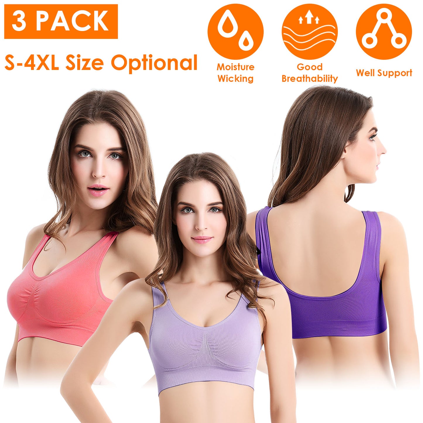 3 Pack Sport Bras For Women