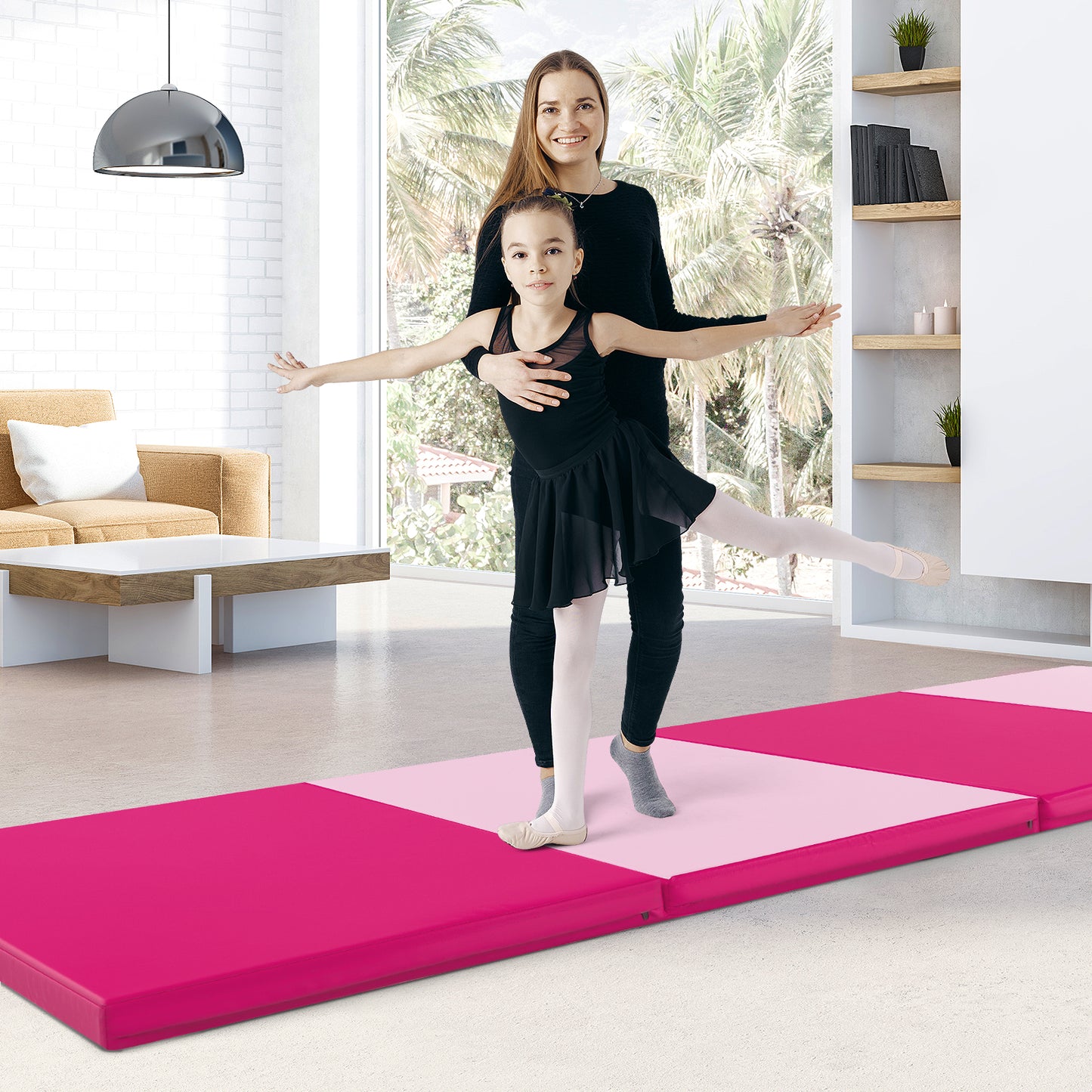 4-Panel PU Leather Folding Exercise Mat with Carrying Handles-Hot Pink