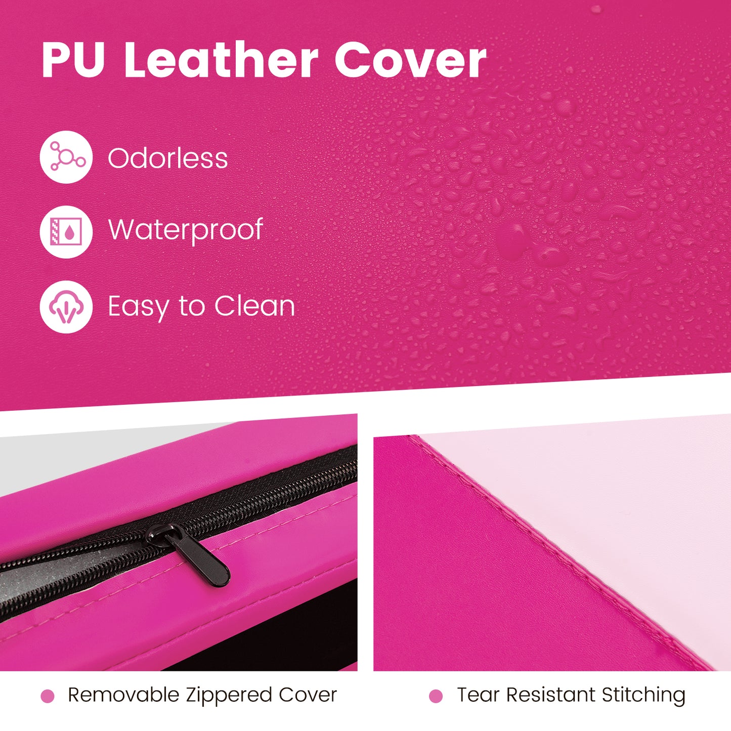 4-Panel PU Leather Folding Exercise Mat with Carrying Handles-Hot Pink
