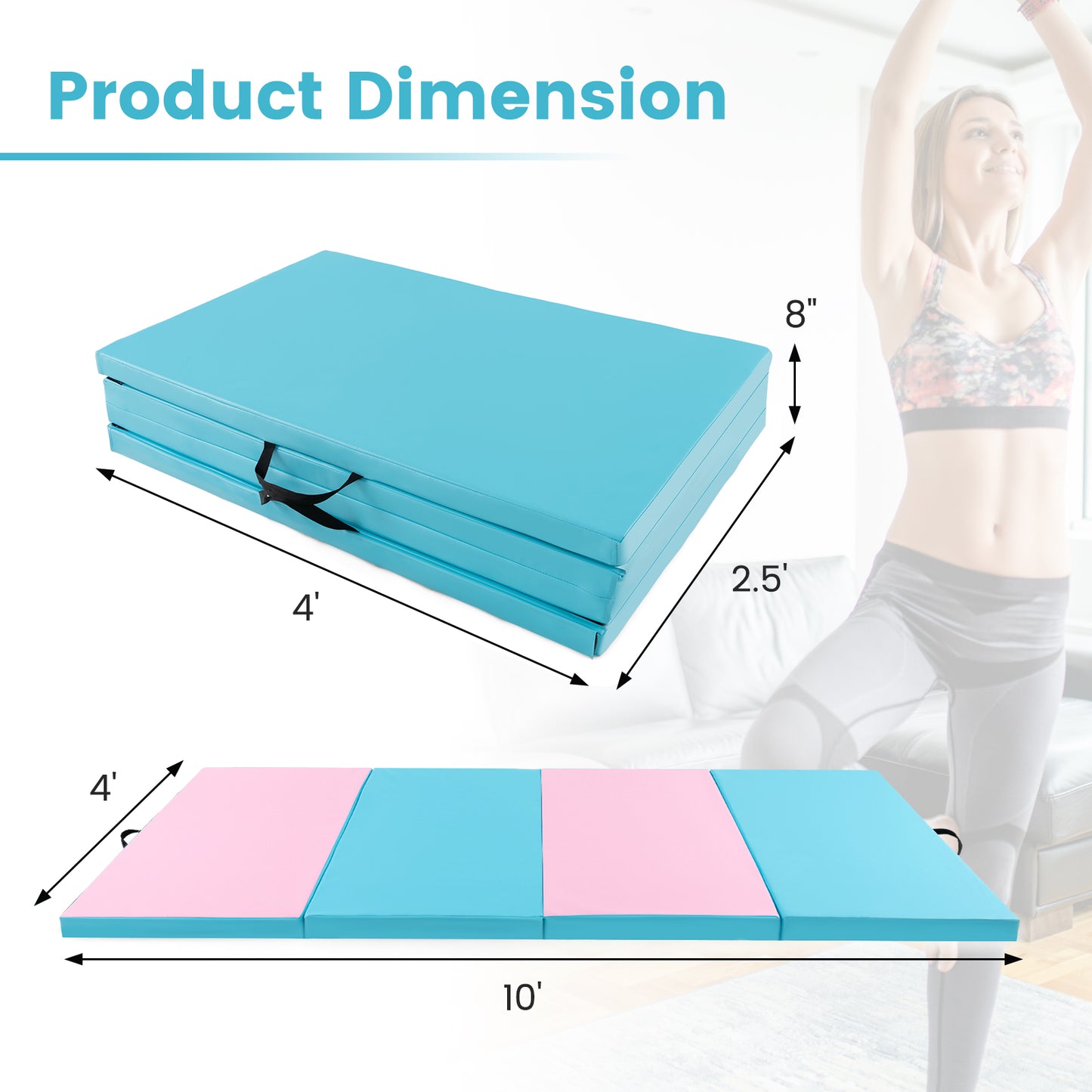 4-Panel PU Leather Folding Exercise Mat with Carrying Handles-Pink & Blue