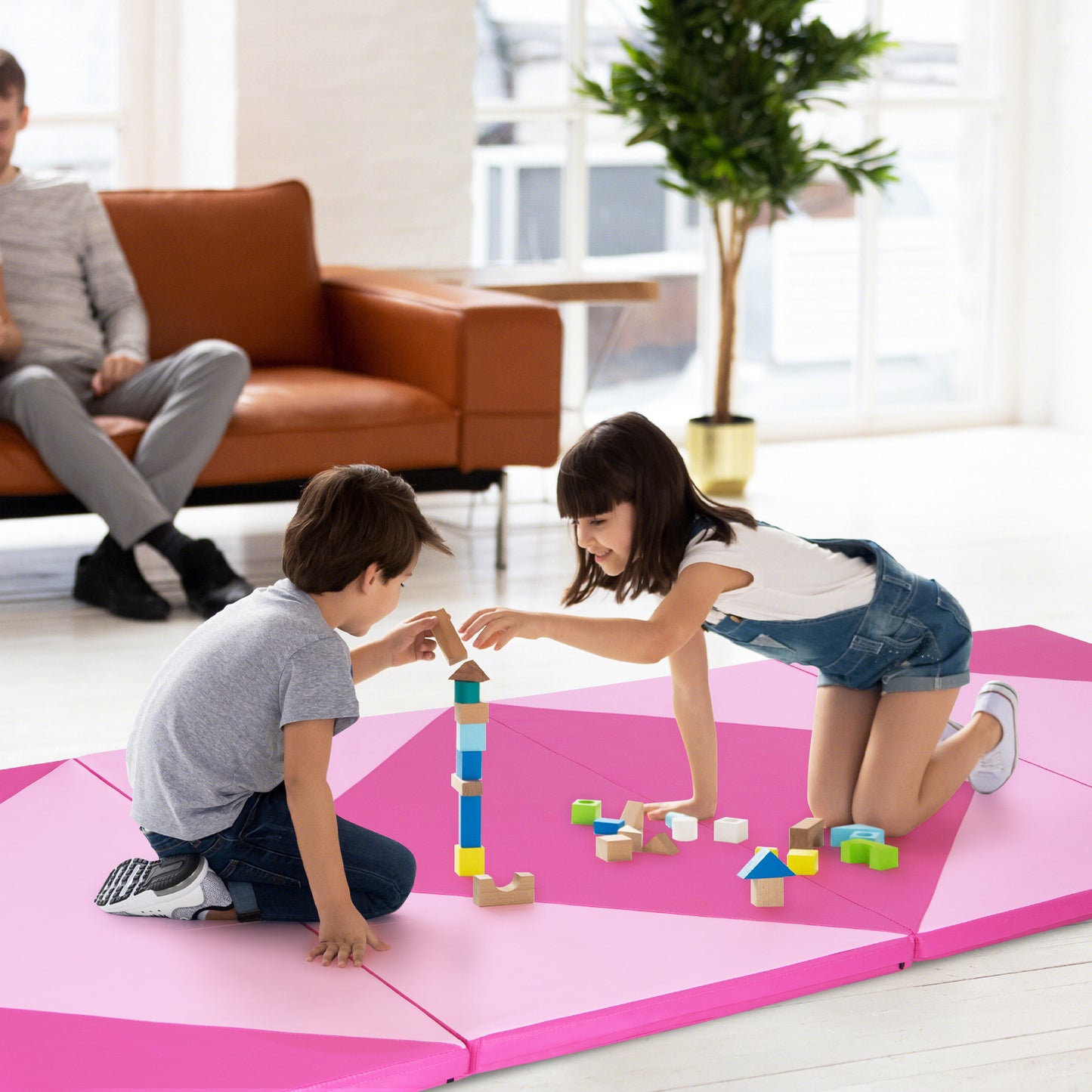 4-Panel PU Leather Folding Exercise Gym Mat with Hook and Loop Fasteners-Pink
