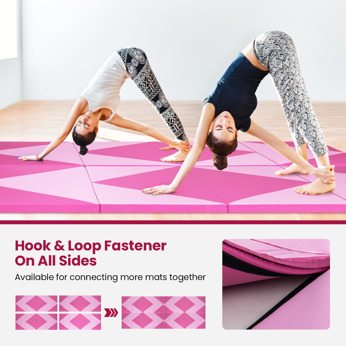 4-Panel PU Leather Folding Exercise Gym Mat with Hook and Loop Fasteners-Pink