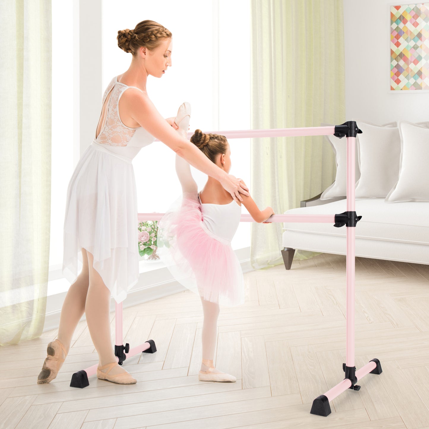 4 Feet Double Ballet Barre Bar with Adjustable Height-Pink