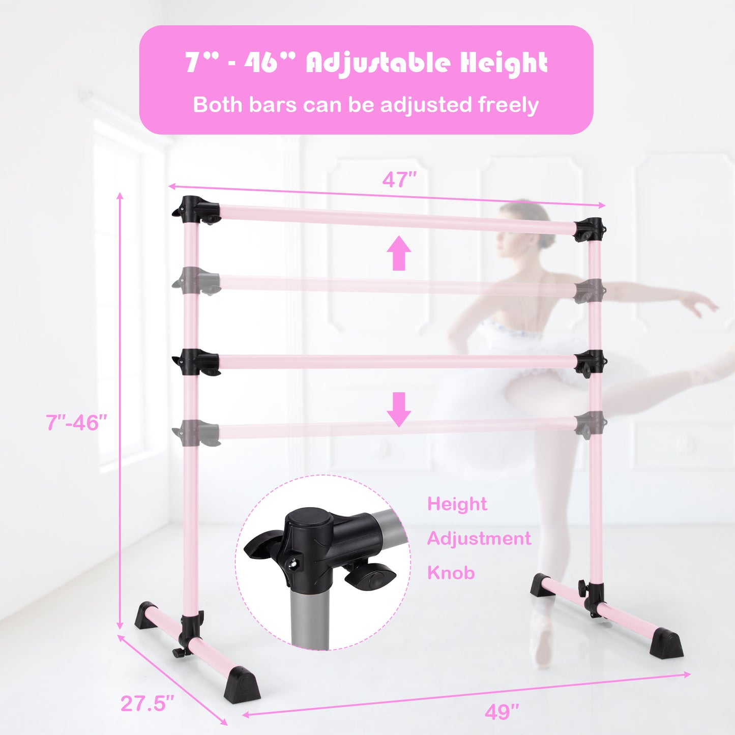 4 Feet Double Ballet Barre Bar with Adjustable Height-Pink
