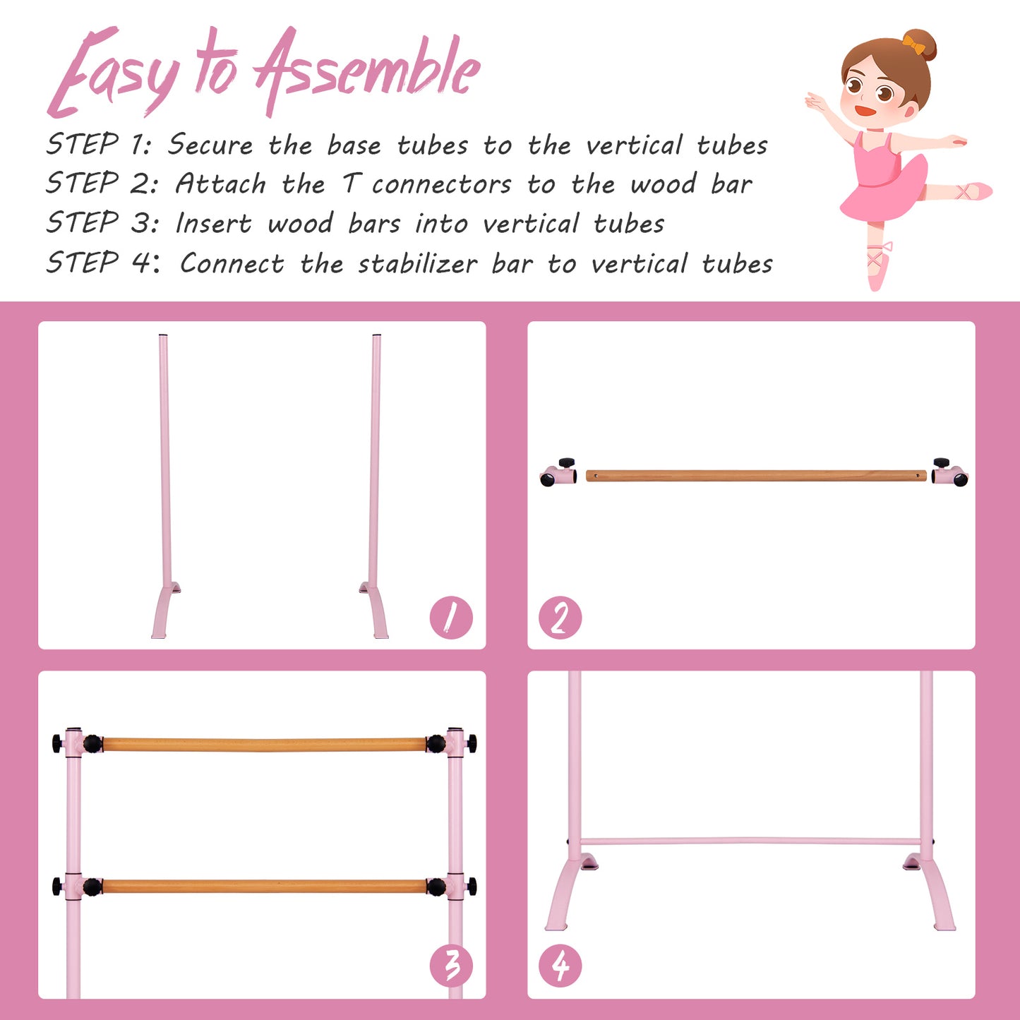 4 Foot Portable Freestanding Double Ballet Barre-Pink
