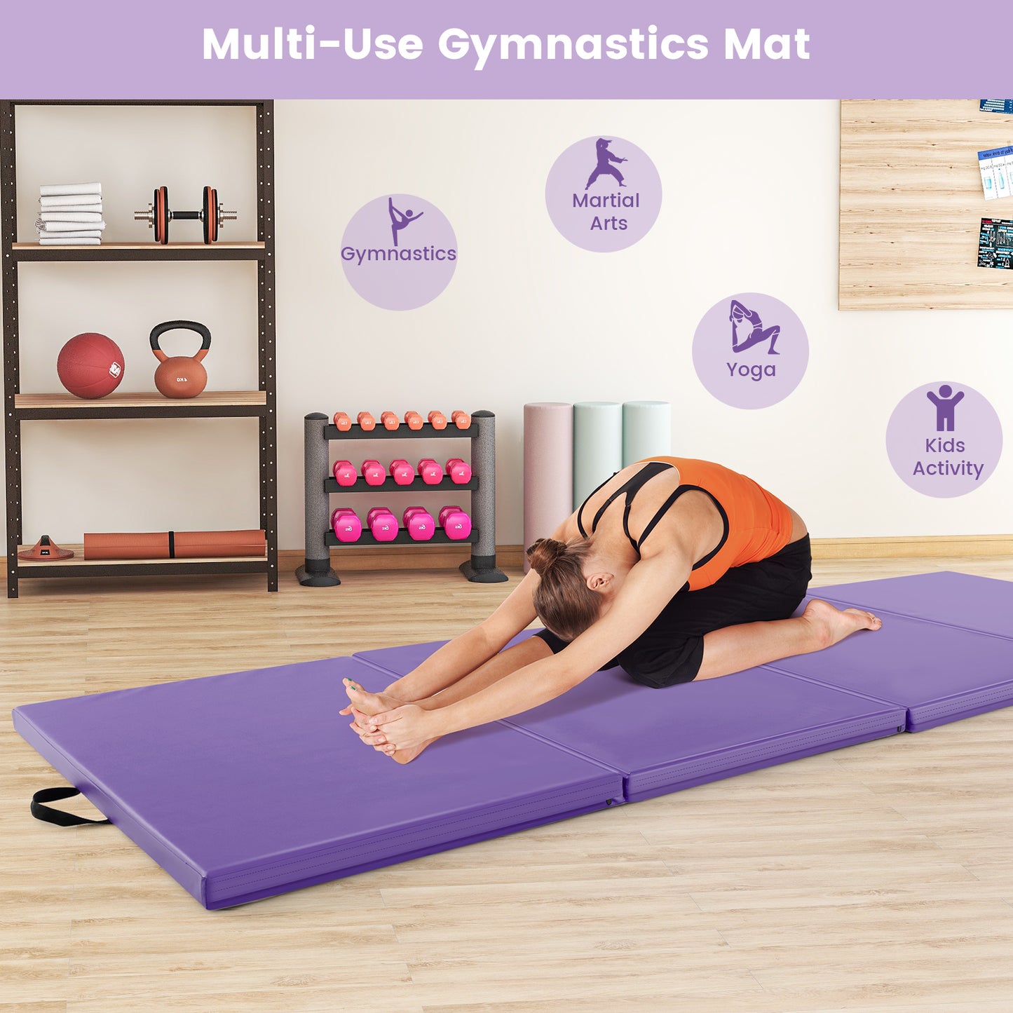 4-Panel PU Leather Folding Exercise Mat with Carrying Handles-Purple