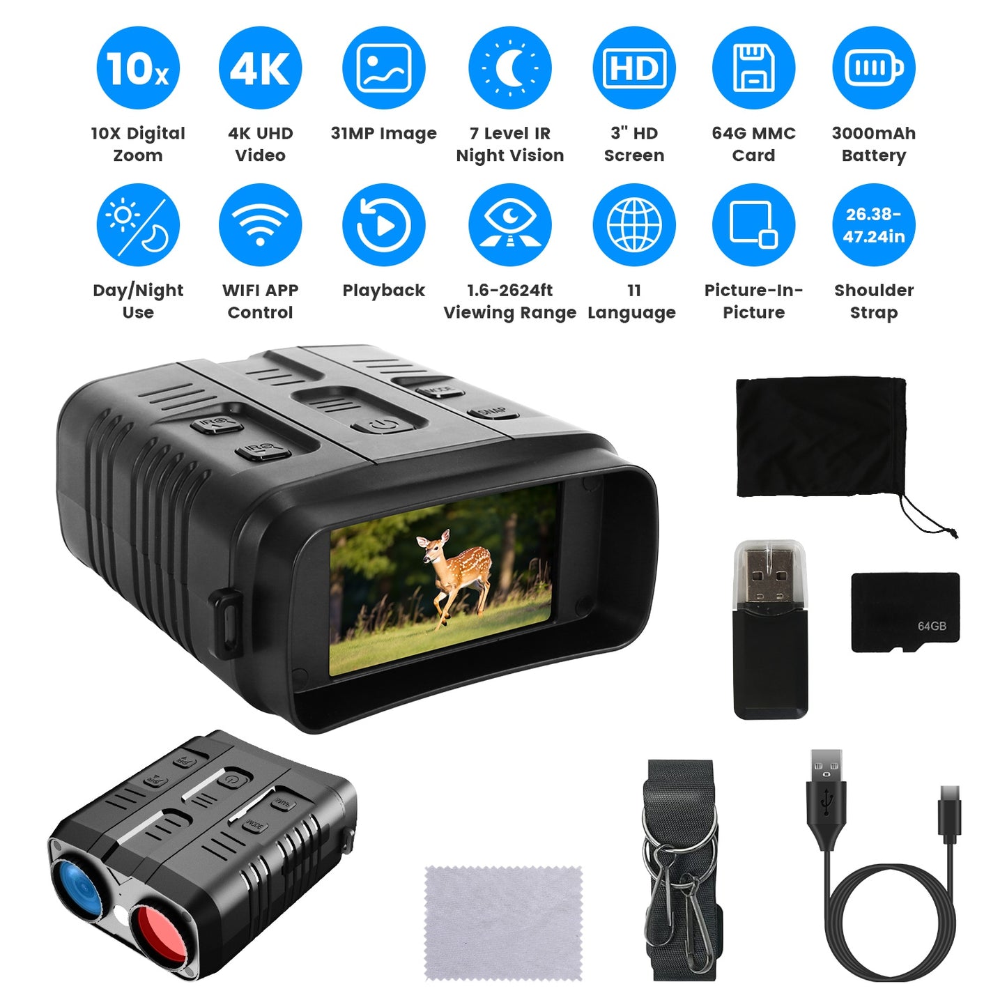 Night Vision Goggles 4K Full-Color Binoculars 10X Zoom with 2624ft Viewing Range 3\'\' Screen 64G MMC Card WIFI APP Control Save Photo and Video for C