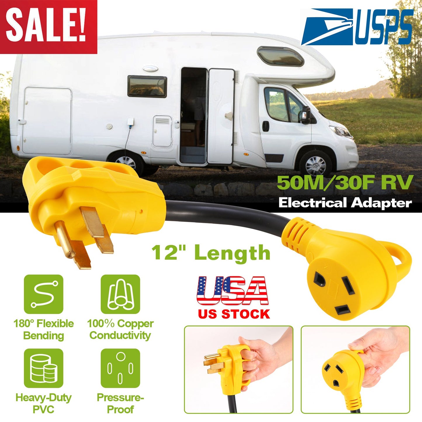 RV Electrical Dogbone Converter 50 AMP Male To 30 AMP Female Adapter Cable 12inch w/ Handle