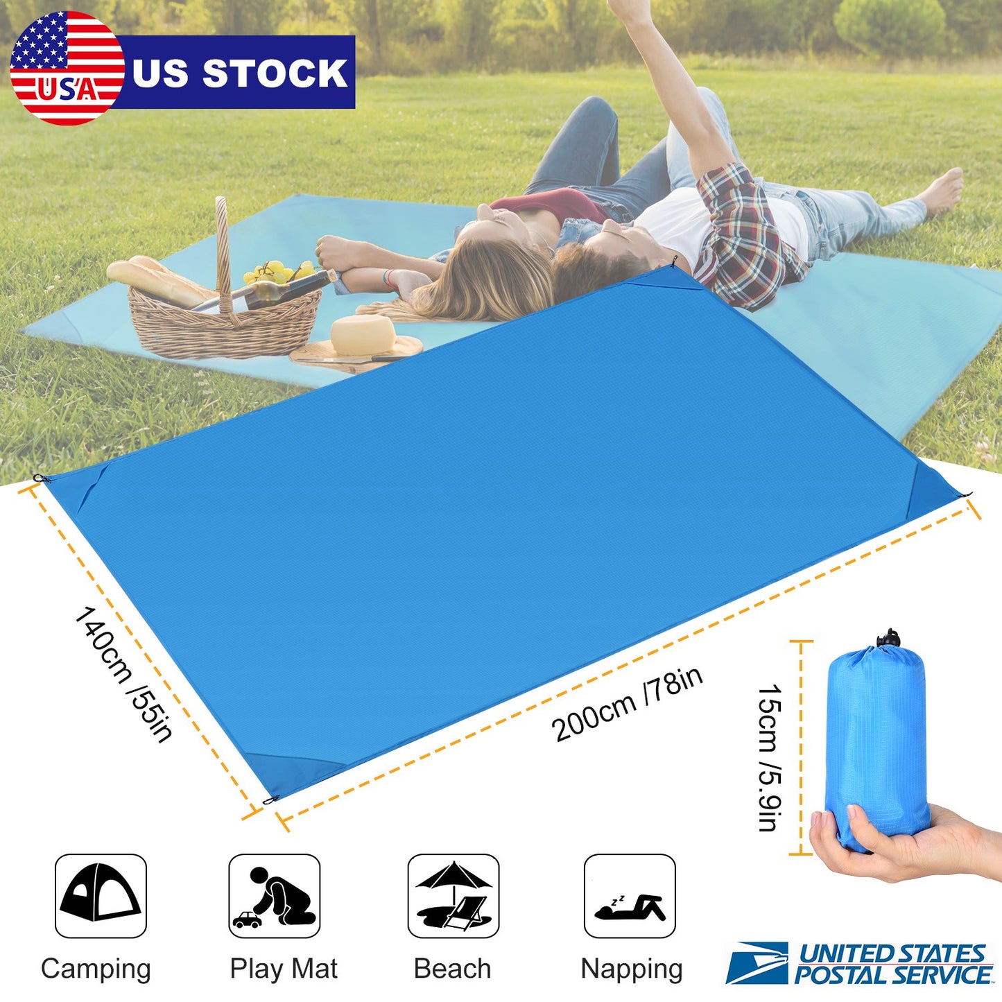 Portable Beach Blanket 4.6’ x 6.6’ Waterproof Foldable Camping Rug Pocket Sandproof Picnic Mat for Camping Picnic Hiking Grass Travel
