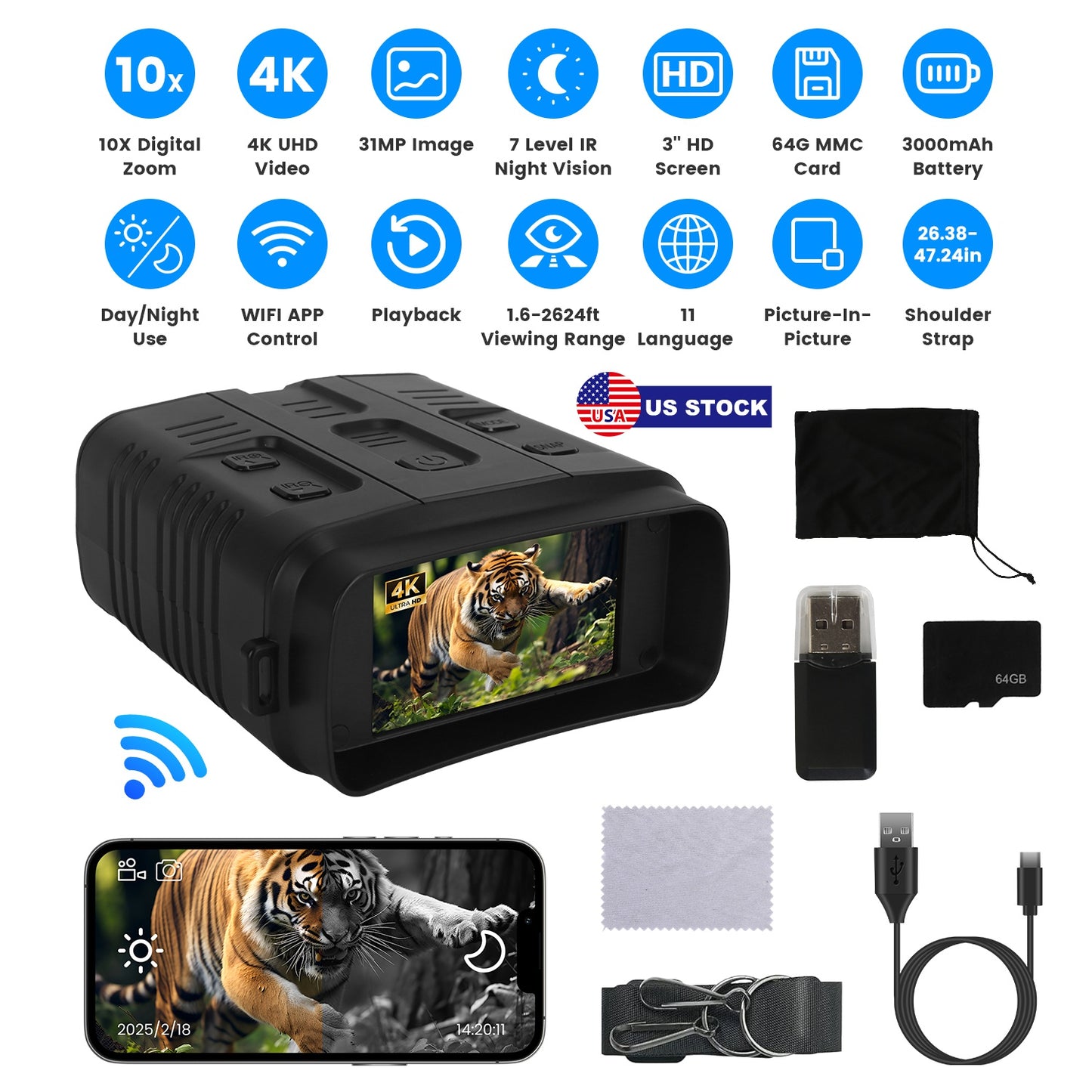 Night Vision Goggles 4K Full-Color Binoculars 10X Zoom with 2624ft Viewing Range 3\'\' Screen 64G MMC Card WIFI APP Control Save Photo and Video for C