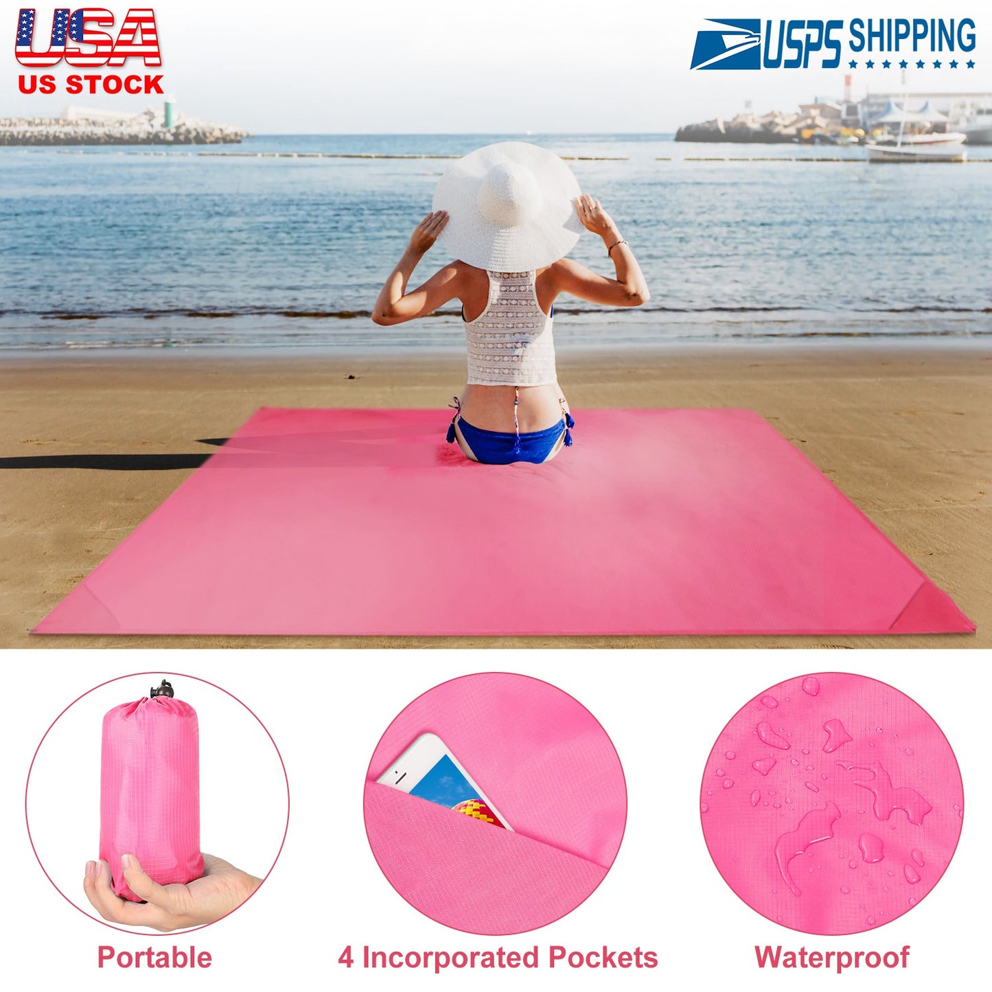 Portable Beach Blanket 4.6’ x 6.6’ Waterproof Foldable Camping Rug Pocket Sandproof Picnic Mat for Camping Picnic Hiking Grass Travel