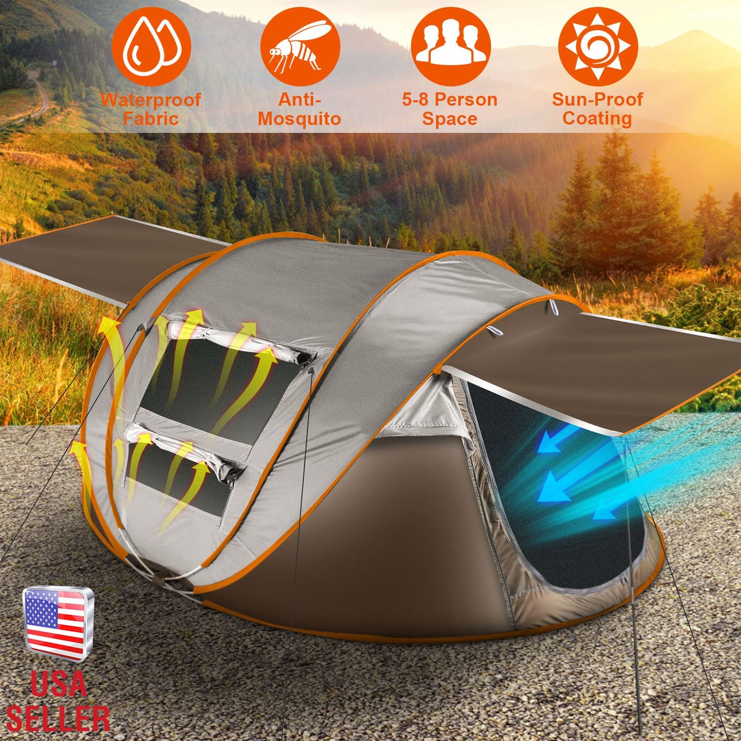5-8 Person Pop Up Tent Automatic Setup Camping Tent Waterproof Instant Setup Tent with 4 Tent Poles 2 Mosquito Net Windows Carrying Bag for Hiking Cli