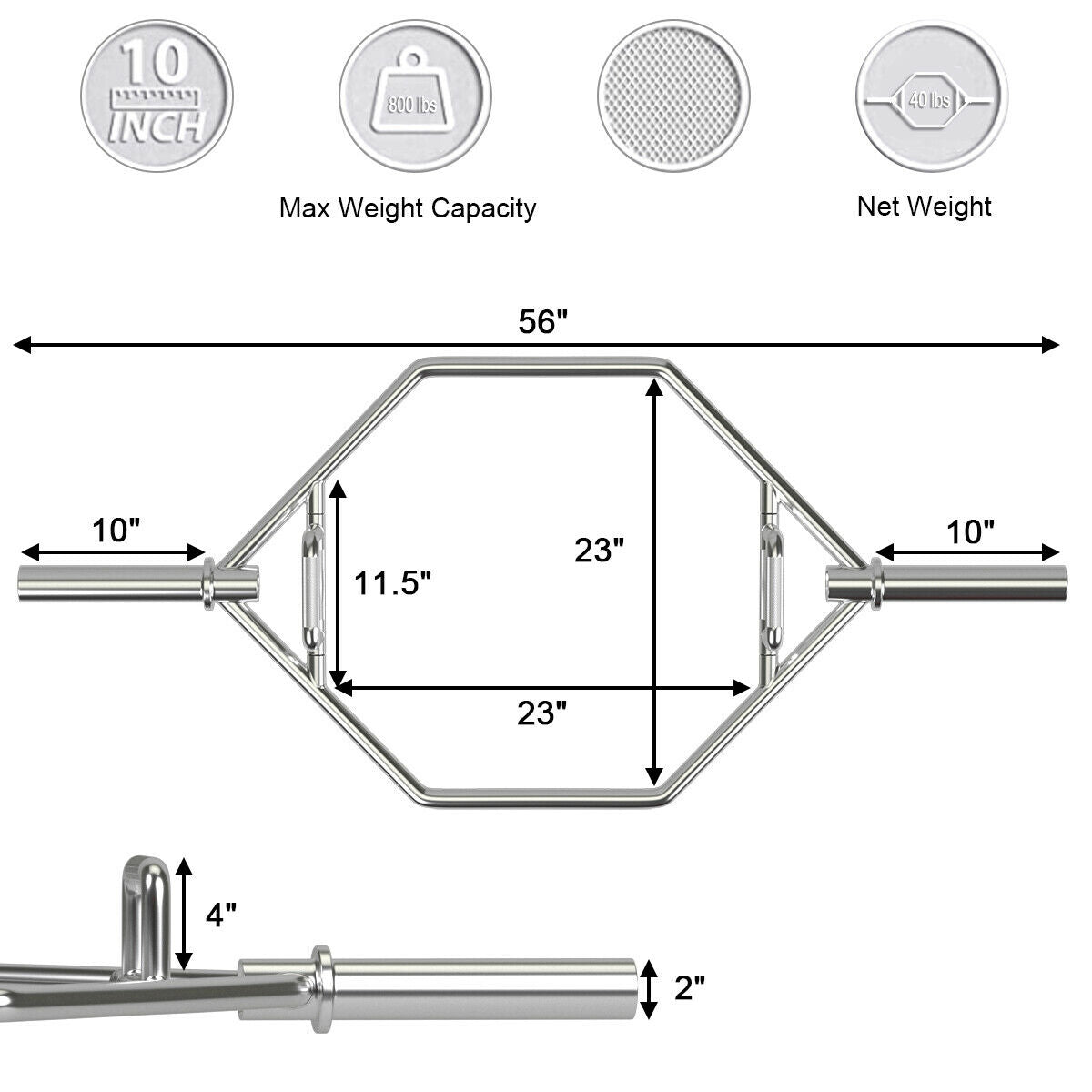 56 Inch Olympic Hexagon Deadlift Trap Bar with Folding Grips Powerlifting-Sliver