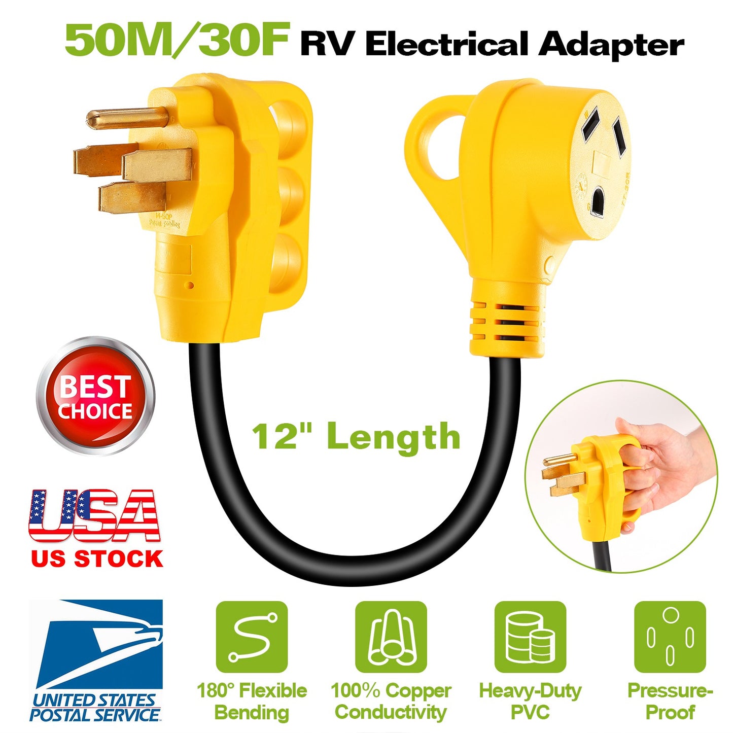 RV Electrical Dogbone Converter 50 AMP Male To 30 AMP Female Adapter Cable 12inch w/ Handle