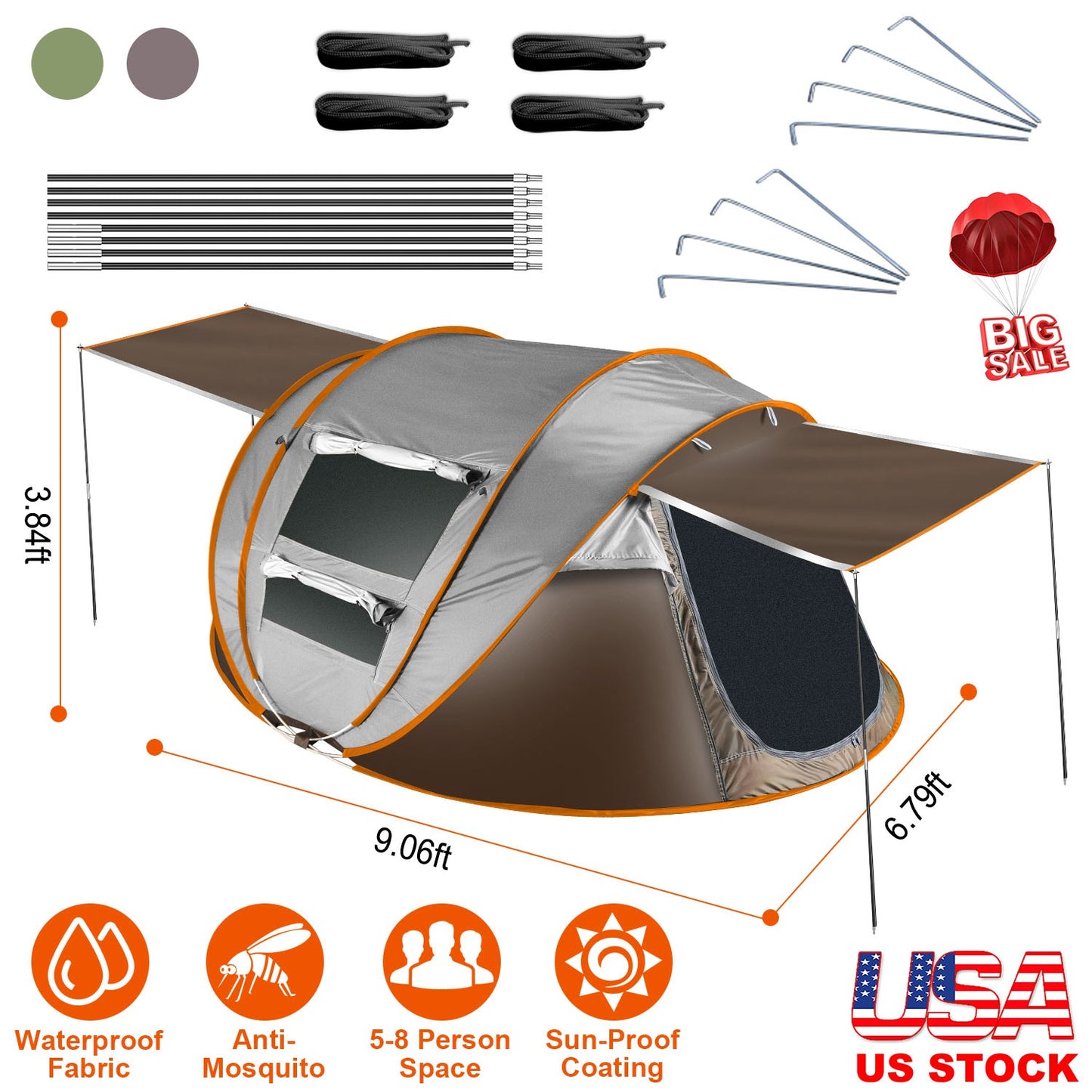 5-8 Person Pop Up Tent Automatic Setup Camping Tent Waterproof Instant Setup Tent with 4 Tent Poles 2 Mosquito Net Windows Carrying Bag for Hiking Cli