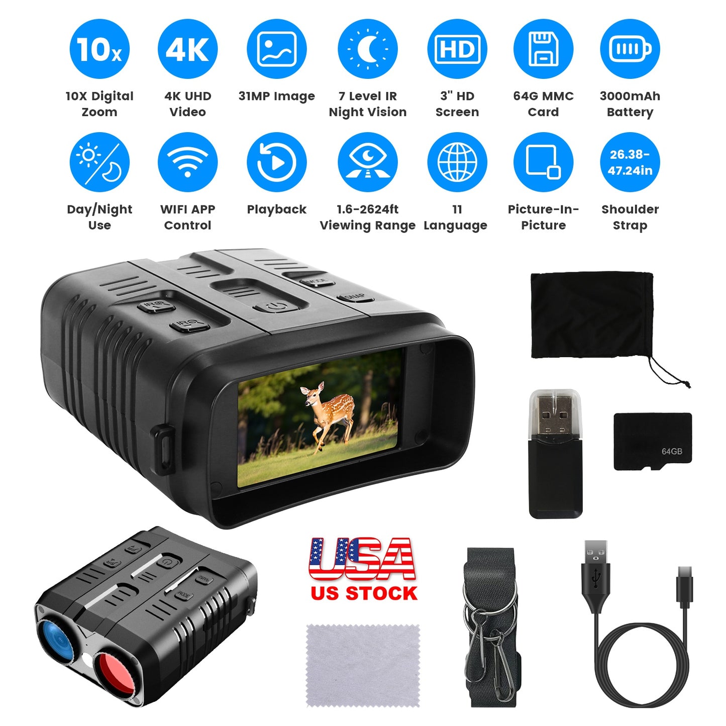 Night Vision Goggles 4K Full-Color Binoculars 10X Zoom with 2624ft Viewing Range 3\'\' Screen 64G MMC Card WIFI APP Control Save Photo and Video for C