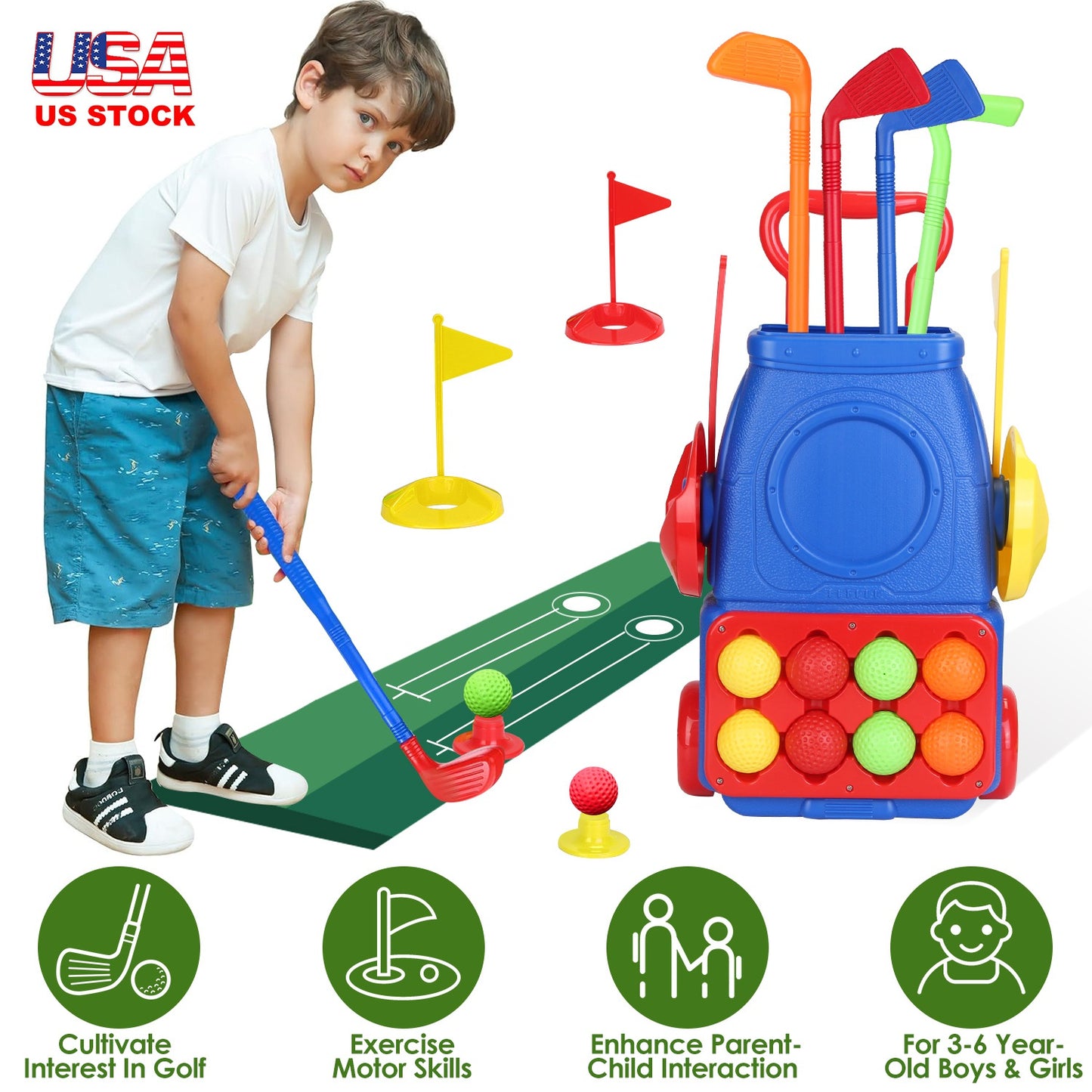 Toddler Golf Clubs Set Kids Golf Kits Toddler Golf Ball Game Play Set Golf Game with 4 Golf Sticks 8 Golf Balls 2 Golf Holes 1 Golf Mat for 3-6 Year O