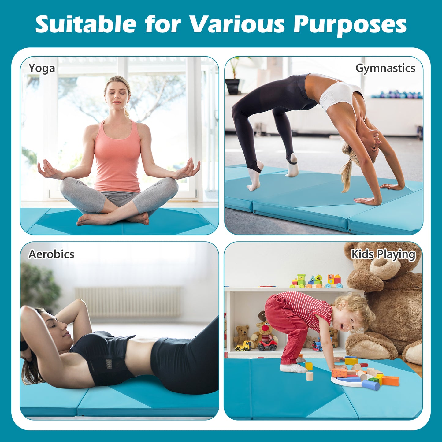 10 Feet x 4 Feet x 2 Inch Folding Exercise Mat with Hook and Loop Fasteners-Blue