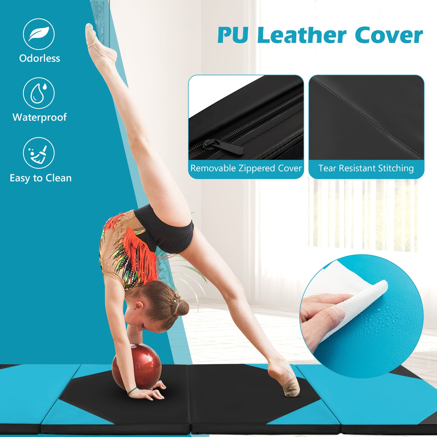 10 Feet x 4 Feet x 2 Inch Folding Exercise Mat with Hook and Loop Fasteners-Navy