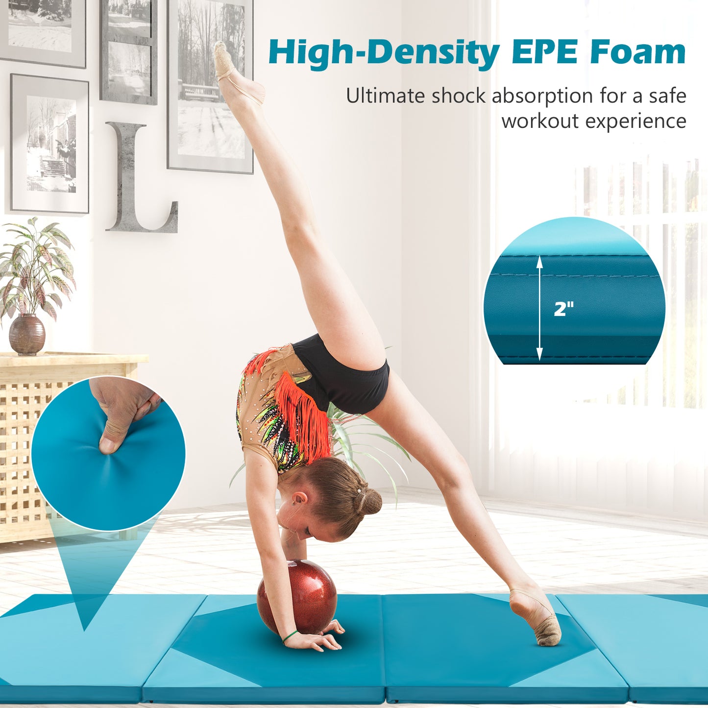 10 Feet x 4 Feet x 2 Inch Folding Exercise Mat with Hook and Loop Fasteners-Blue