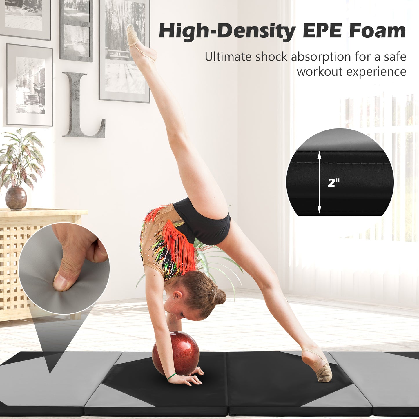 10 Feet x 4 Feet x 2 Inch Folding Exercise Mat with Hook and Loop Fasteners-Gray