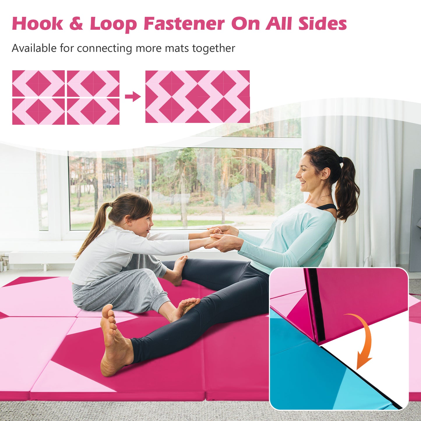10 Feet x 4 Feet x 2 Inch Folding Exercise Mat with Hook and Loop Fasteners-Hot Pink