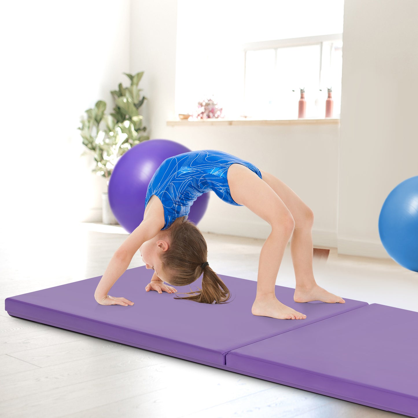 6 x 2 Feet Folding Gymnastic Mat with Carrying Handles for Yoga-Purple