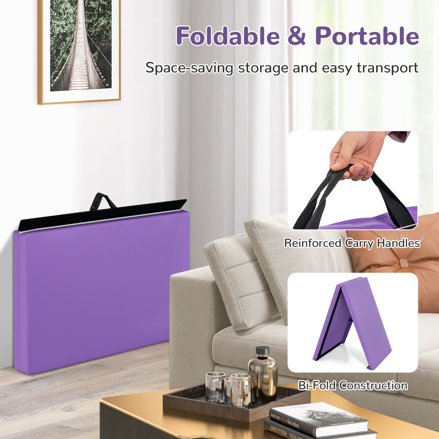 6 x 2 Feet Folding Gymnastic Mat with Carrying Handles for Yoga-Purple