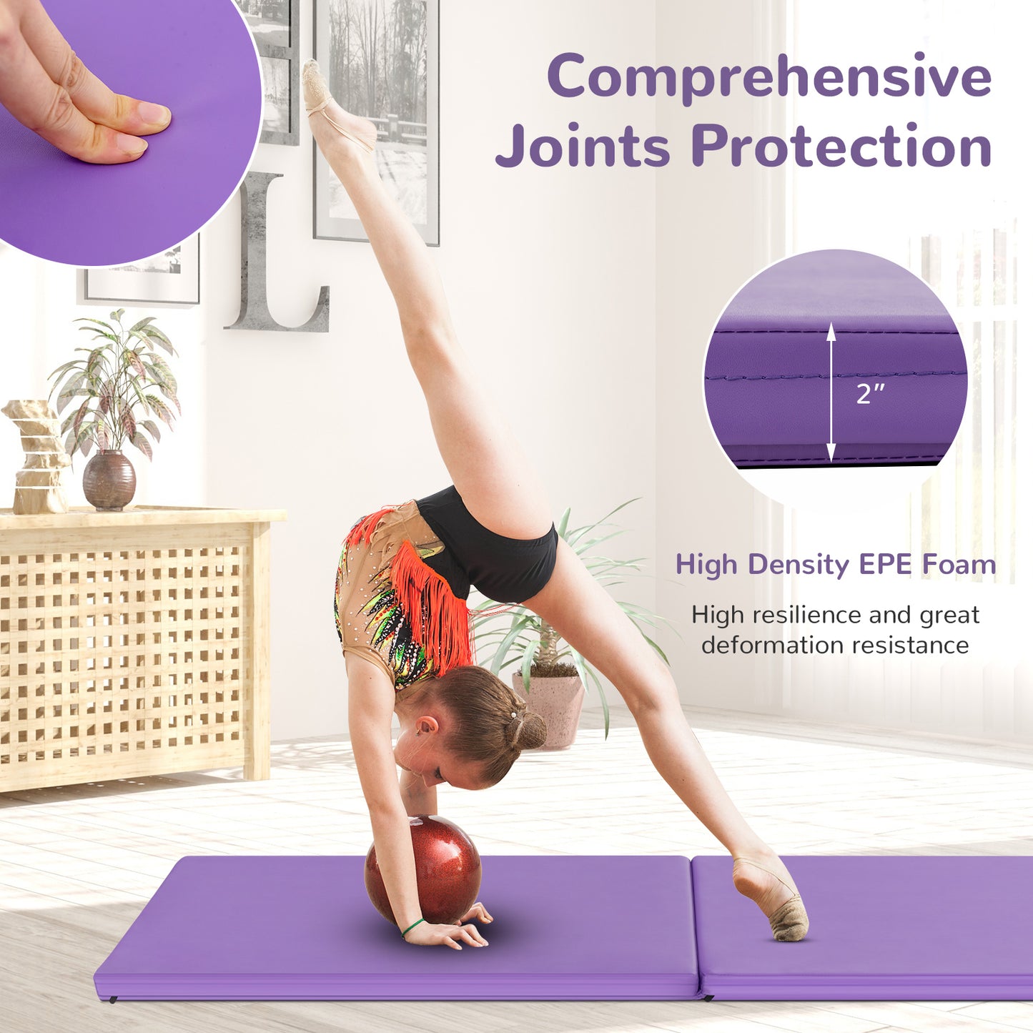 6 x 2 Feet Folding Gymnastic Mat with Carrying Handles for Yoga-Purple