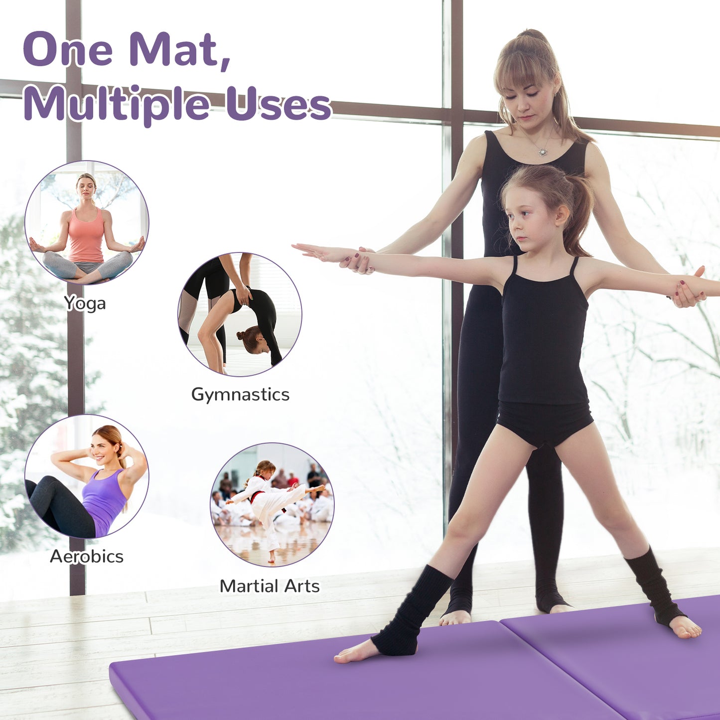 6 x 2 Feet Folding Gymnastic Mat with Carrying Handles for Yoga-Purple