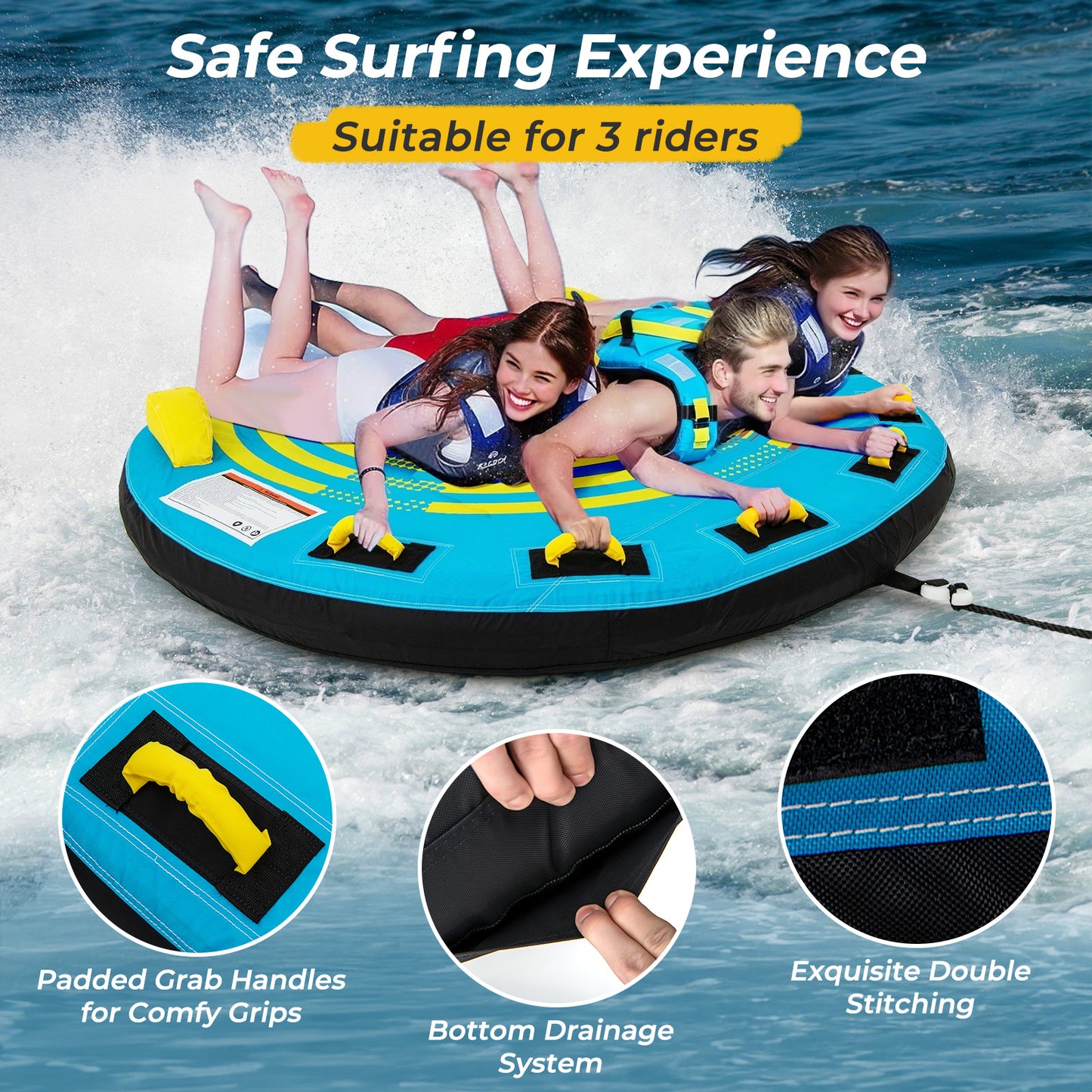 3-Person Inflatable Boat Tube Towable Platform with Double Valves