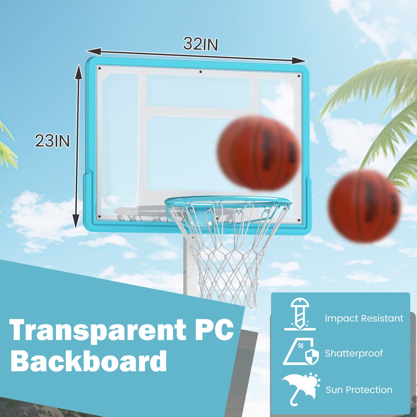 Pool Basketball Hoop Poolside Portable Basketball Goal with Shatterproof Backboard-White