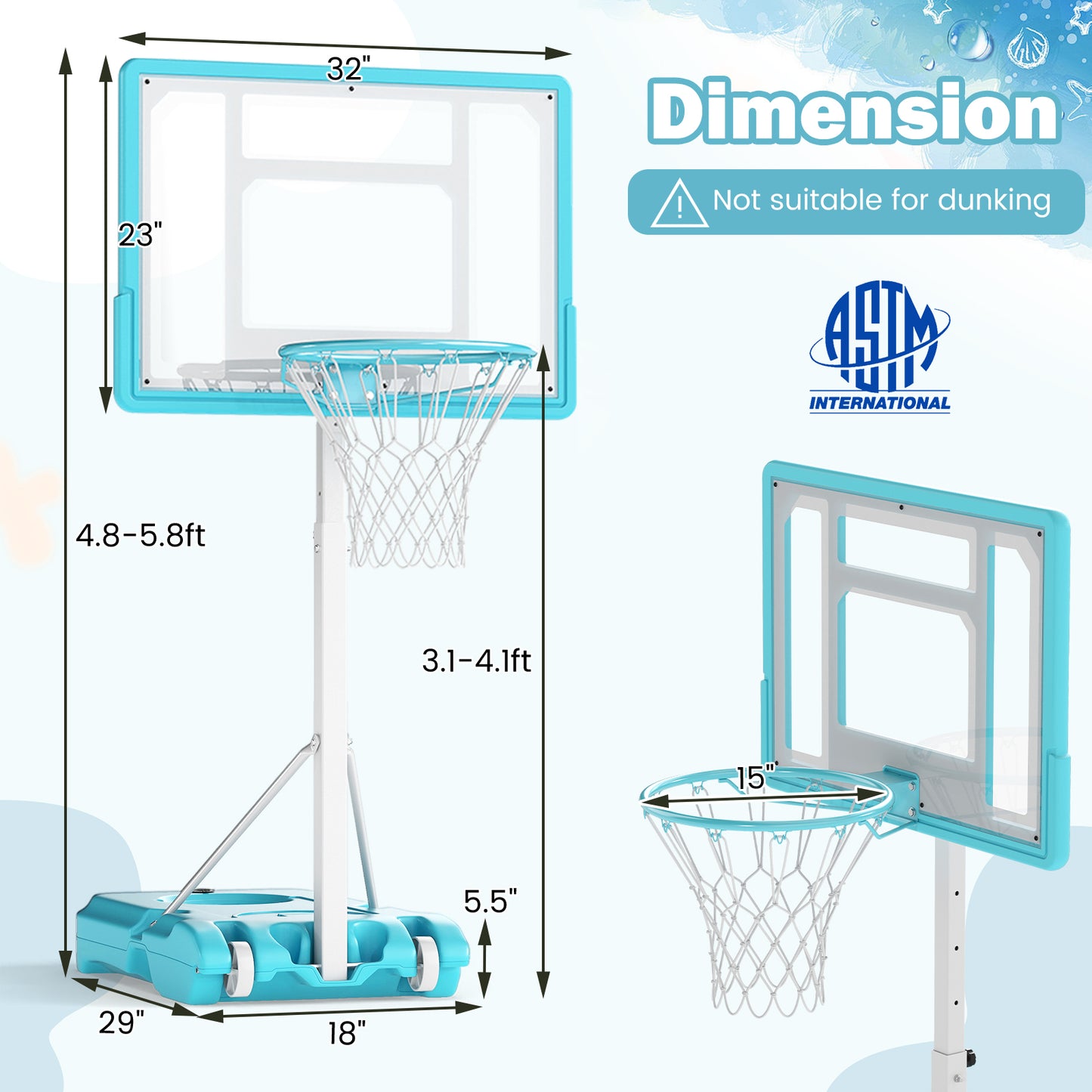 Pool Basketball Hoop Poolside Portable Basketball Goal with Shatterproof Backboard-White