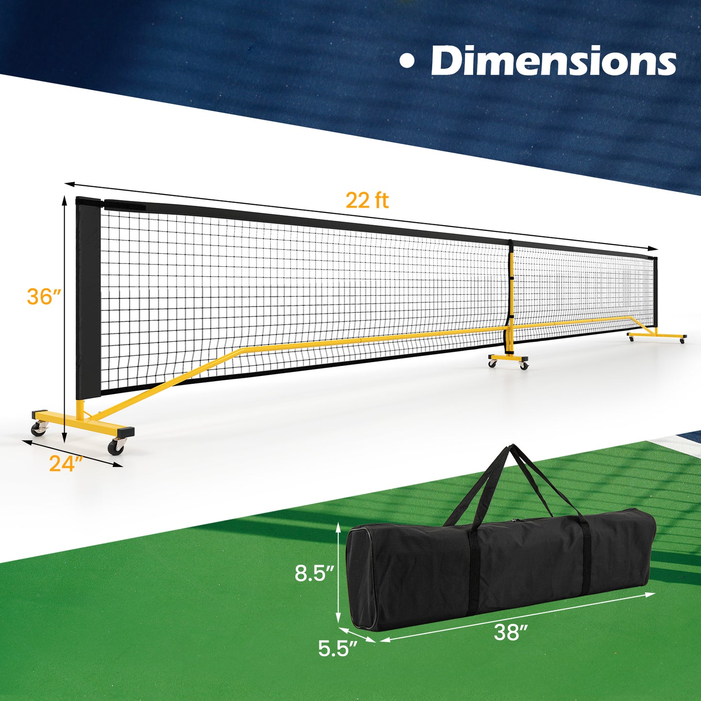 22 FT Portable Pickleball Net with 6 Lockable Wheels and Carry Bag