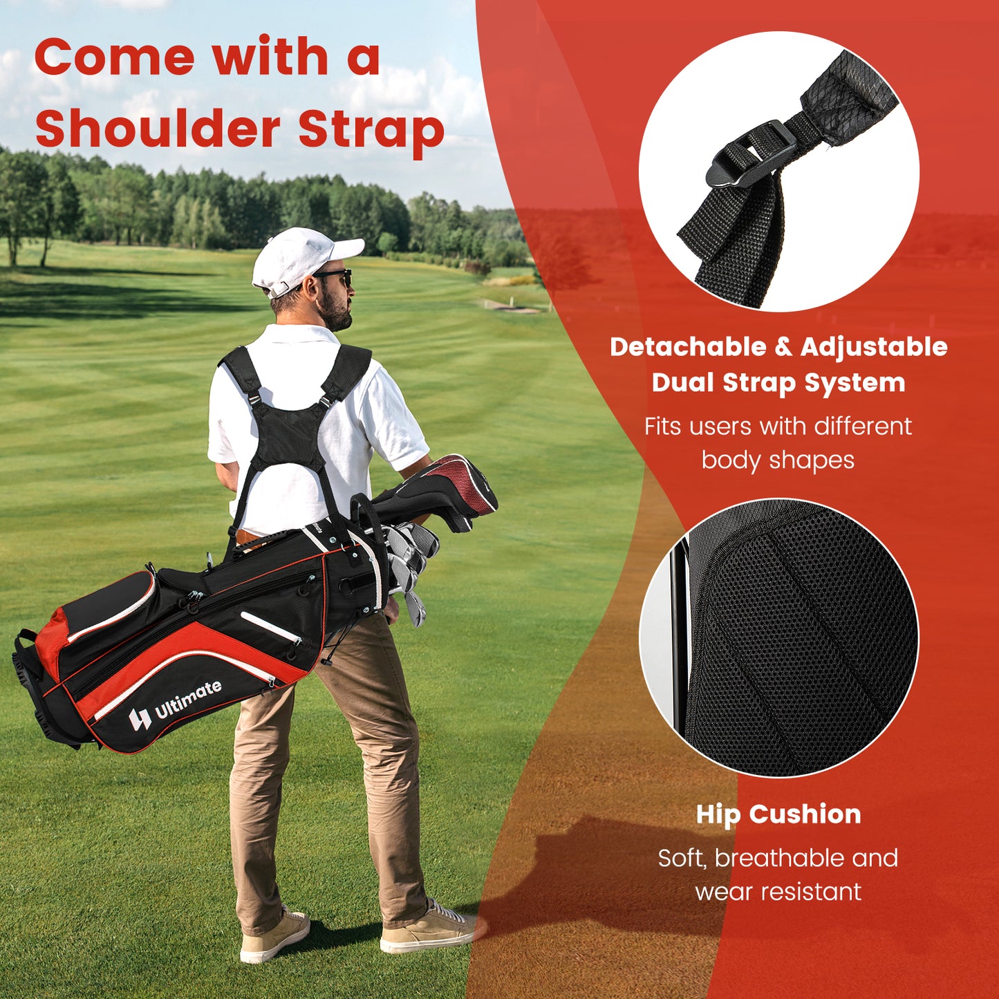 Lightweight Golf Stand Bag with 14 Way Top Dividers and 6 Pockets-Red