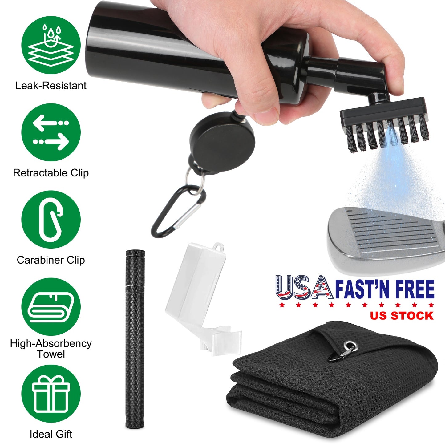 3 In 1 Golf Club Cleaning Kit Golf Club Cleaner Brush with 5Oz Water Bottle Retractable Clip Groove Sharpener Golf Towel Gift for Golfers