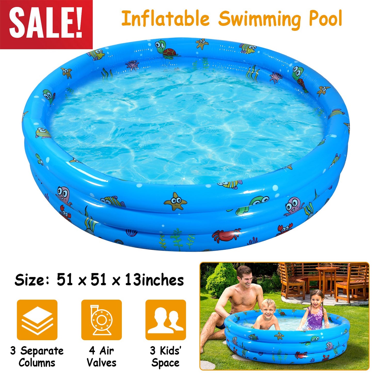 51x13” Inflatable Swimming Pool Blow Up Family Pool For 3 Kids Foldable Swim Ball Pool Center w/ 4 Valves Bottom Water Drain Plug For Indoor Backyard